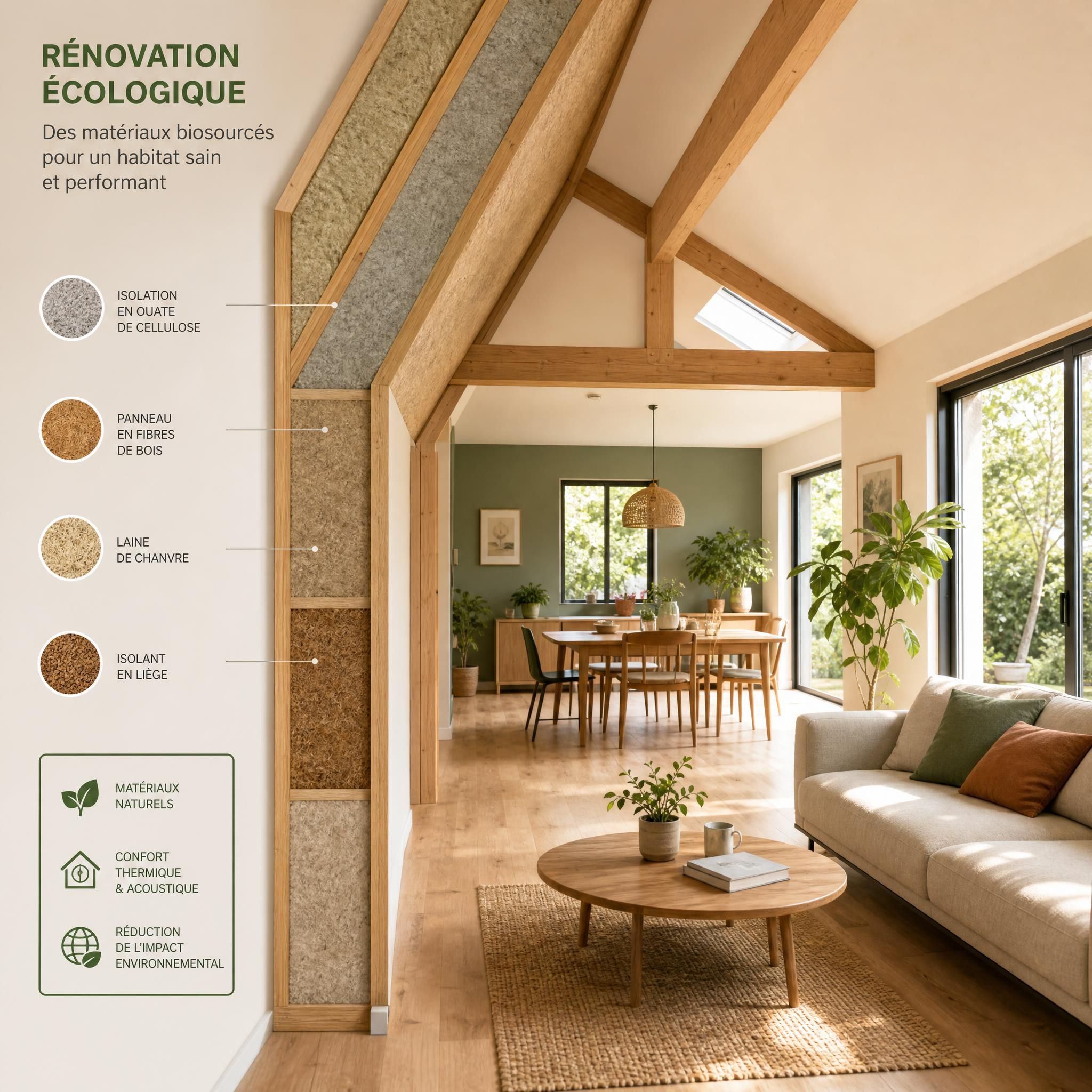 Maison rénovée avec des matériaux d'isolation écologique biosourcés, vue intérieure confortable et lumineuse