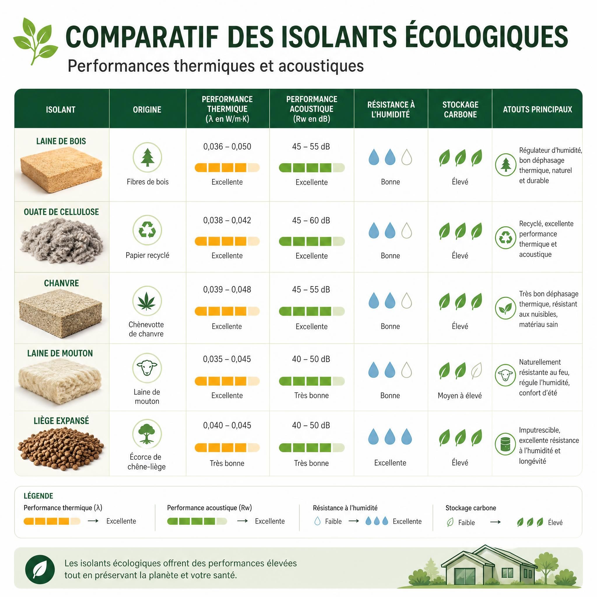 Tableau comparatif des isolants écologiques avec leurs performances thermiques et acoustiques