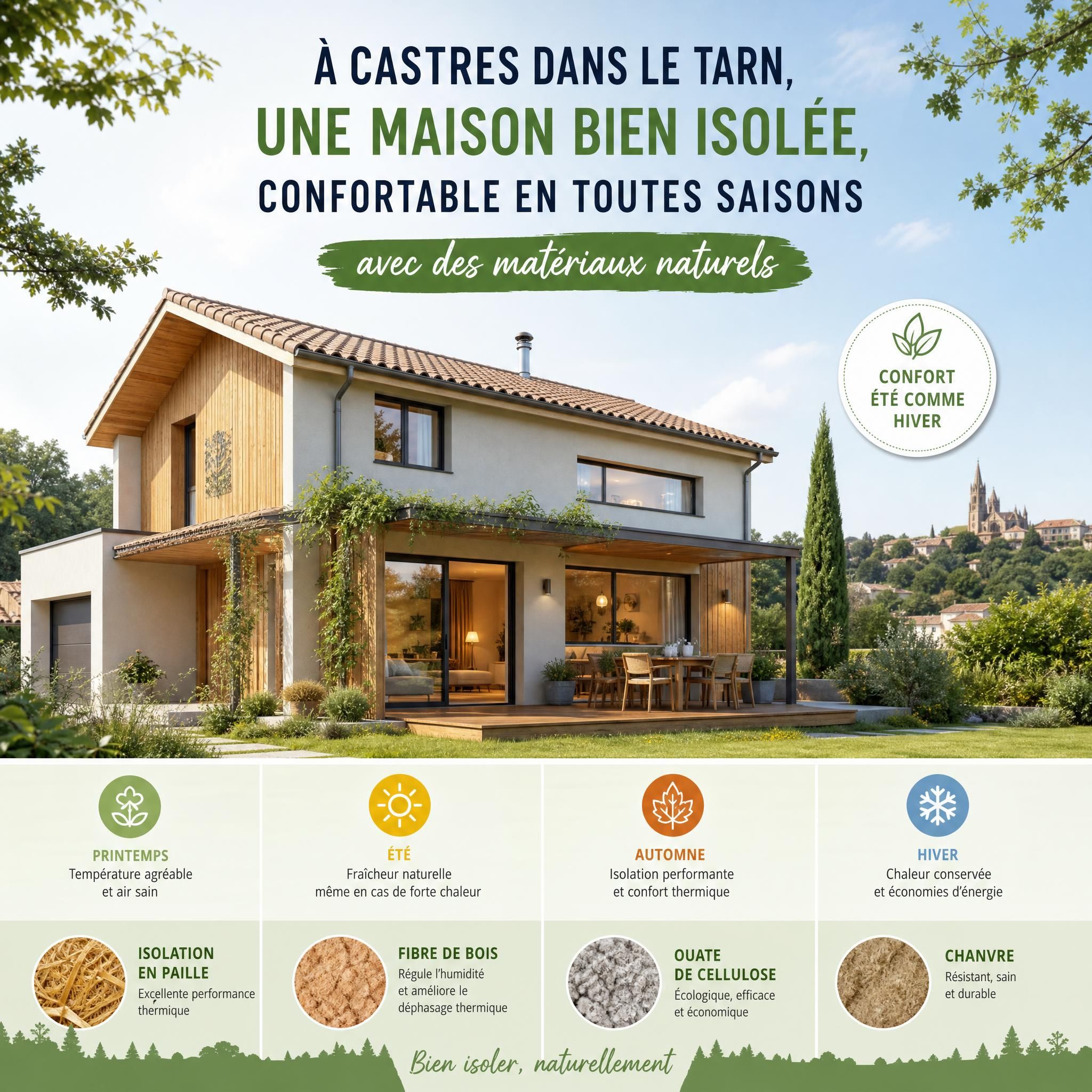 Vue d'une maison bien isolée à Castres dans le Tarn, confortable en toutes saisons avec des matériaux naturels