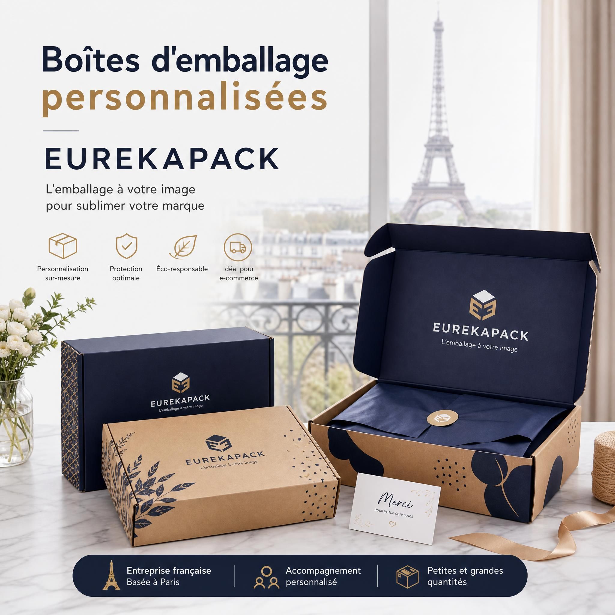Boîtes d'emballage personnalisées EUREKAPACK avec logo de marque pour e-commerce Paris