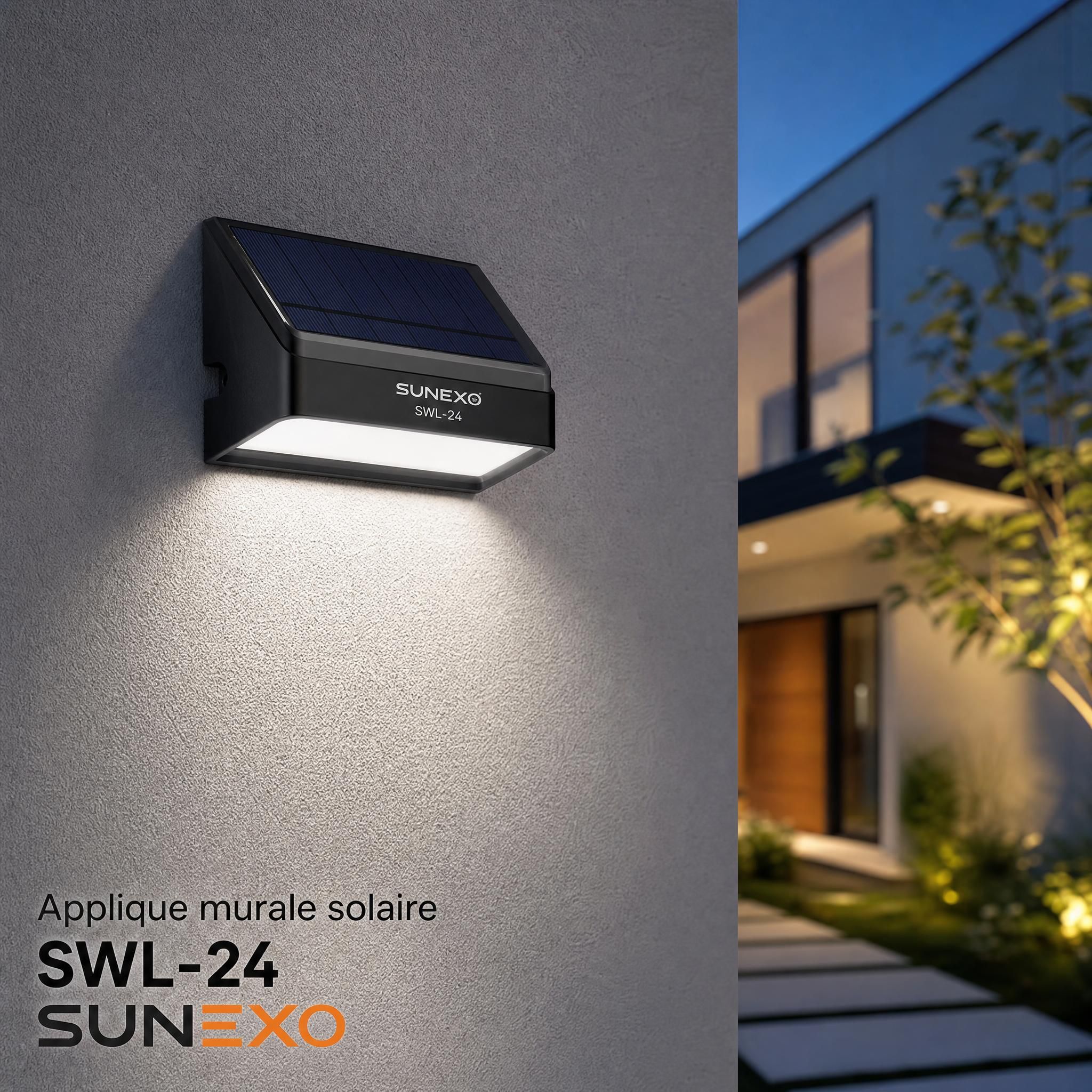 Applique murale solaire SWL-24 Sunexo installée sur façade extérieure, éclairage LED blanc neutre