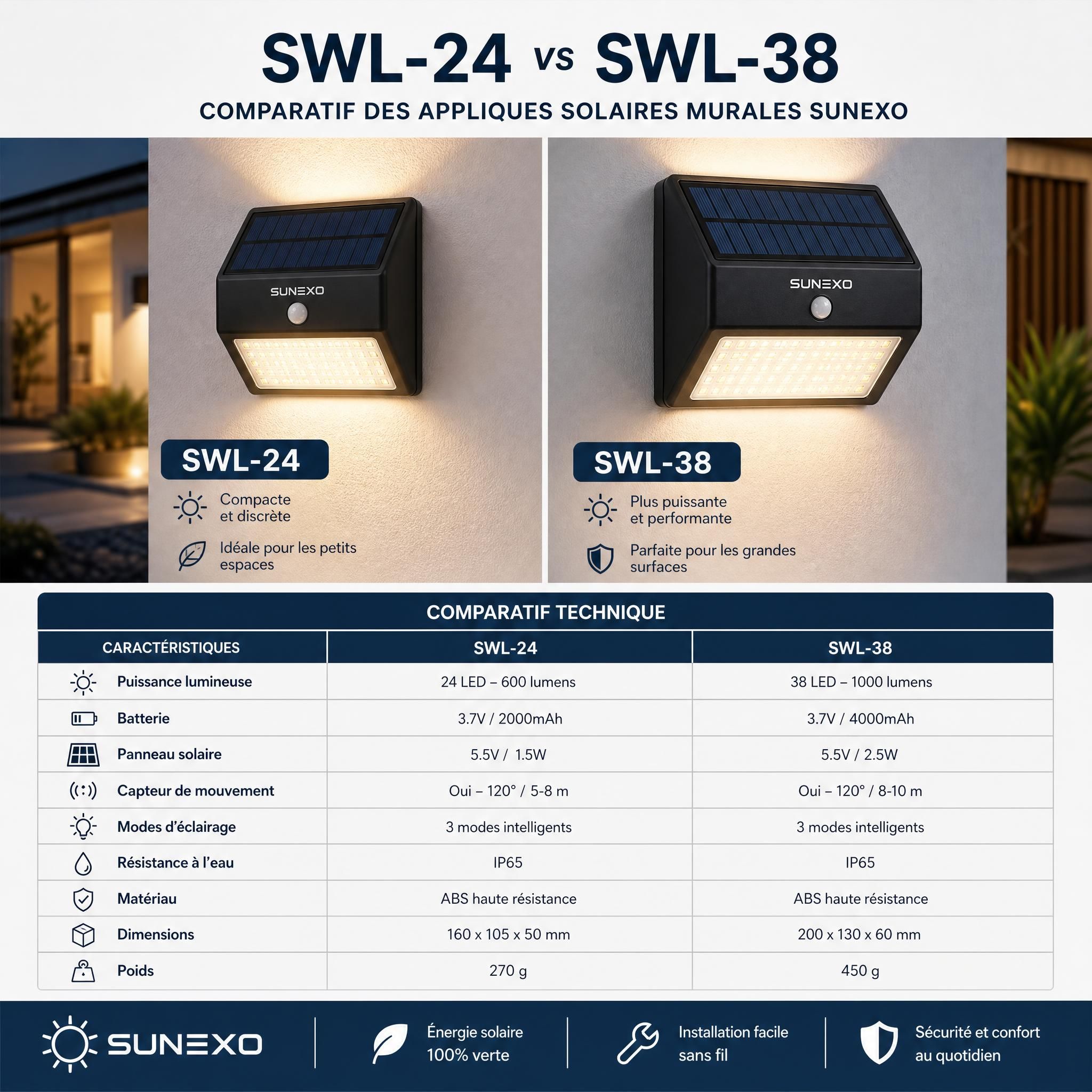 Comparatif appliques solaires murales SWL-24 et SWL-38 Sunexo côte à côte, tableau technique