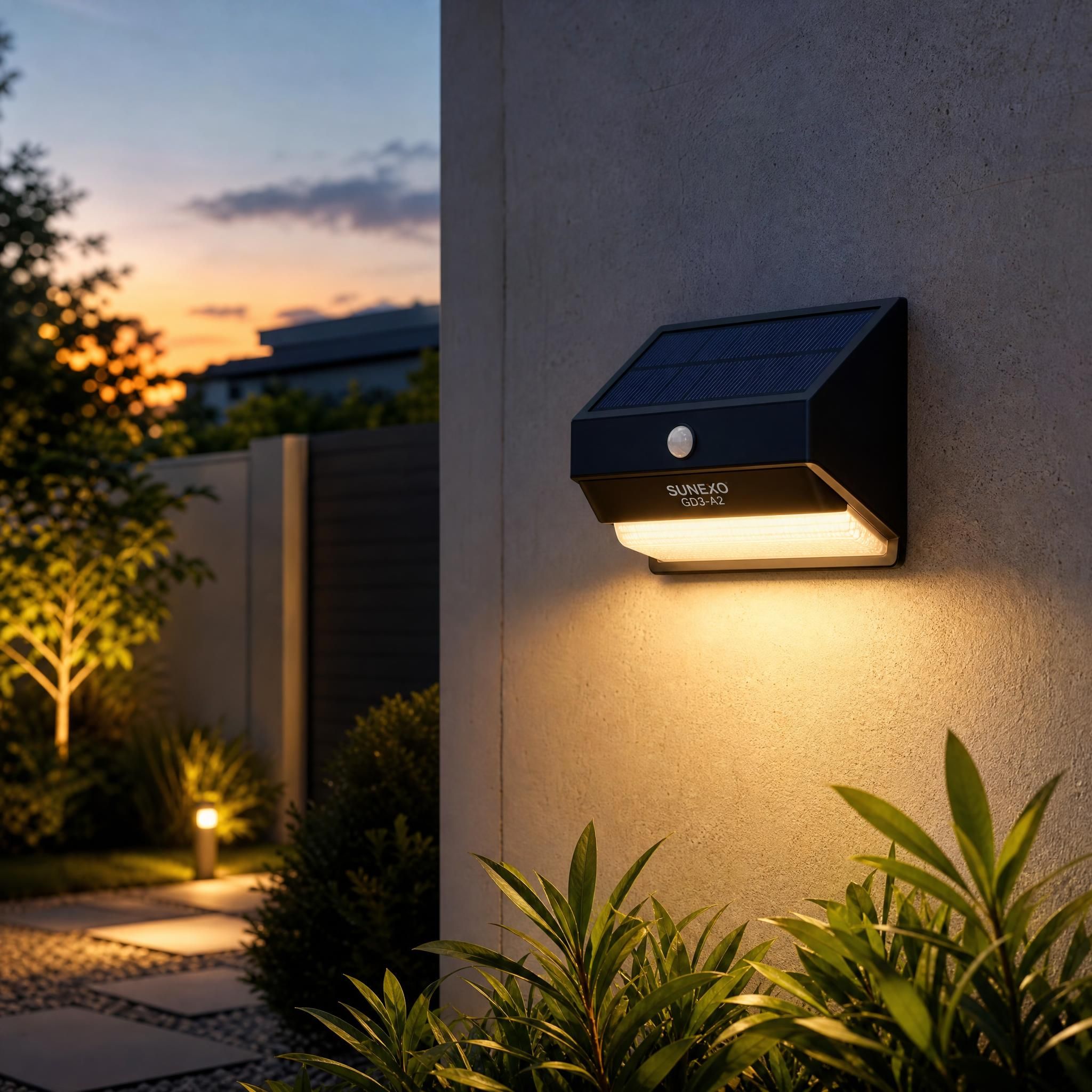 Lampe solaire de jardin SUNEXO GD3-A2 installée sur un mur extérieur, allumée en lumière chaude 3000K au crépuscule
