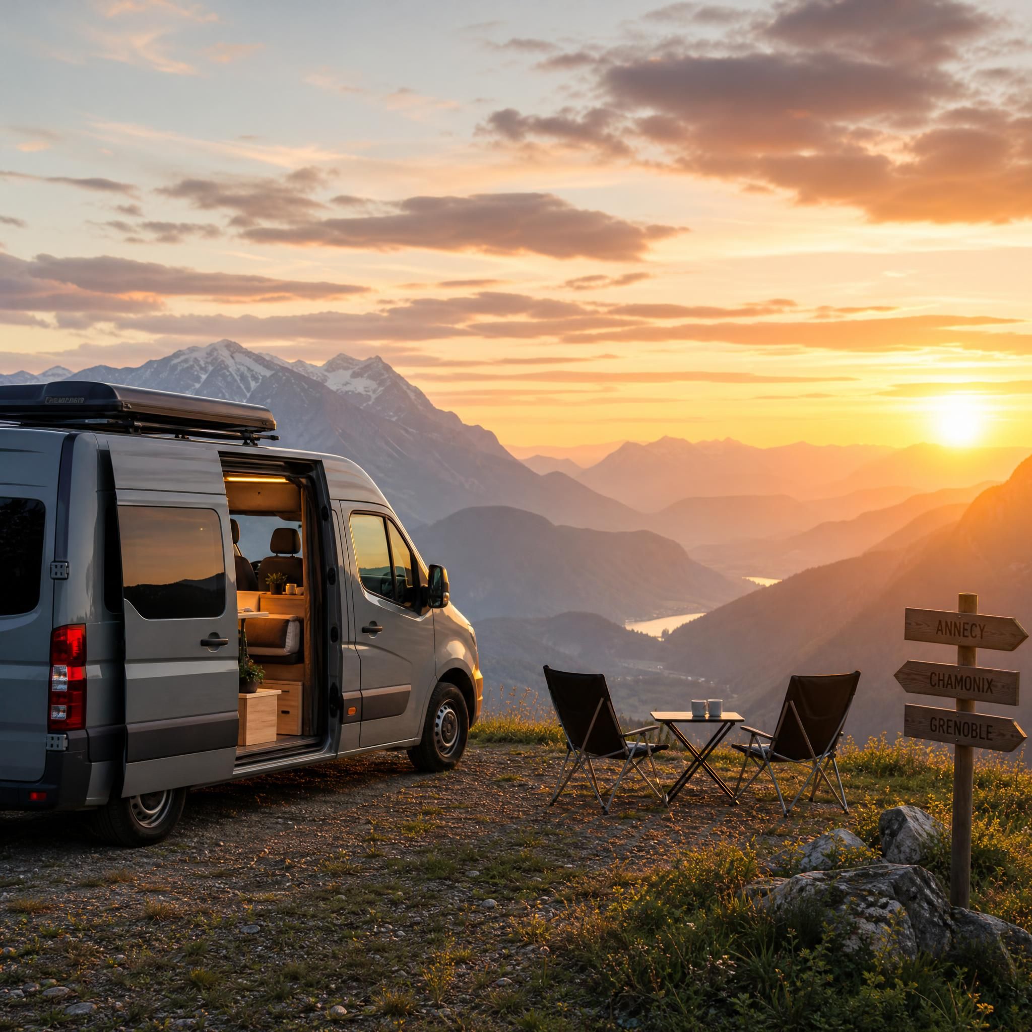 Van aménagé garé face à un panorama montagneux au coucher de soleil, road trip en France