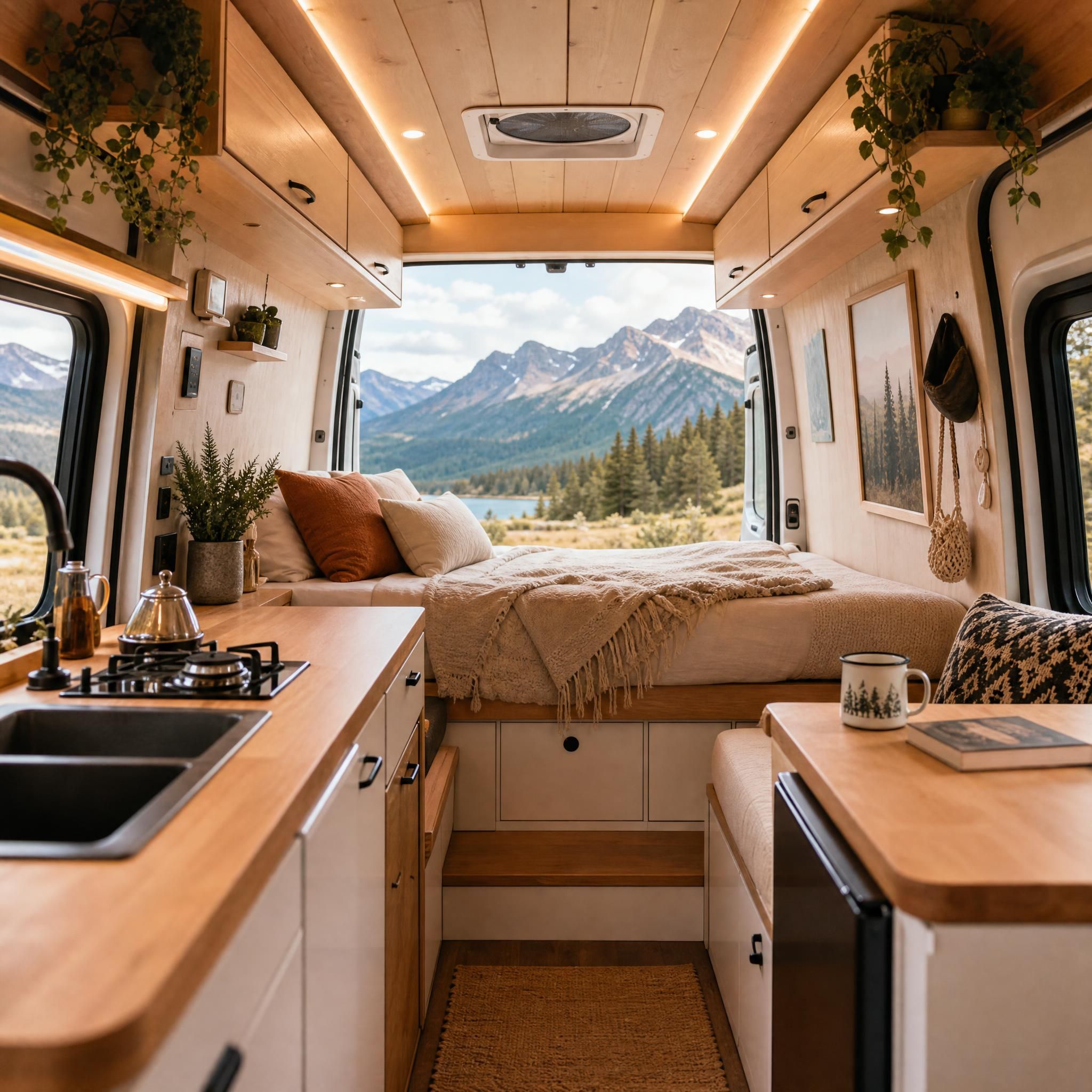 Intérieur cosy d'un van aménagé avec lit, cuisine et grande fenêtre sur un paysage naturel