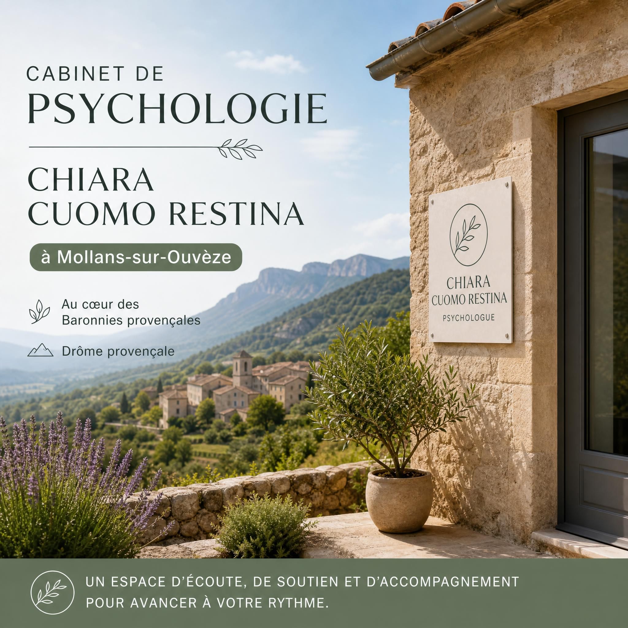Cabinet de psychologie Chiara Cuomo Restina à Mollans-sur-Ouvèze, entouré du paysage naturel des Baronnies provençales, Drôme provençale
