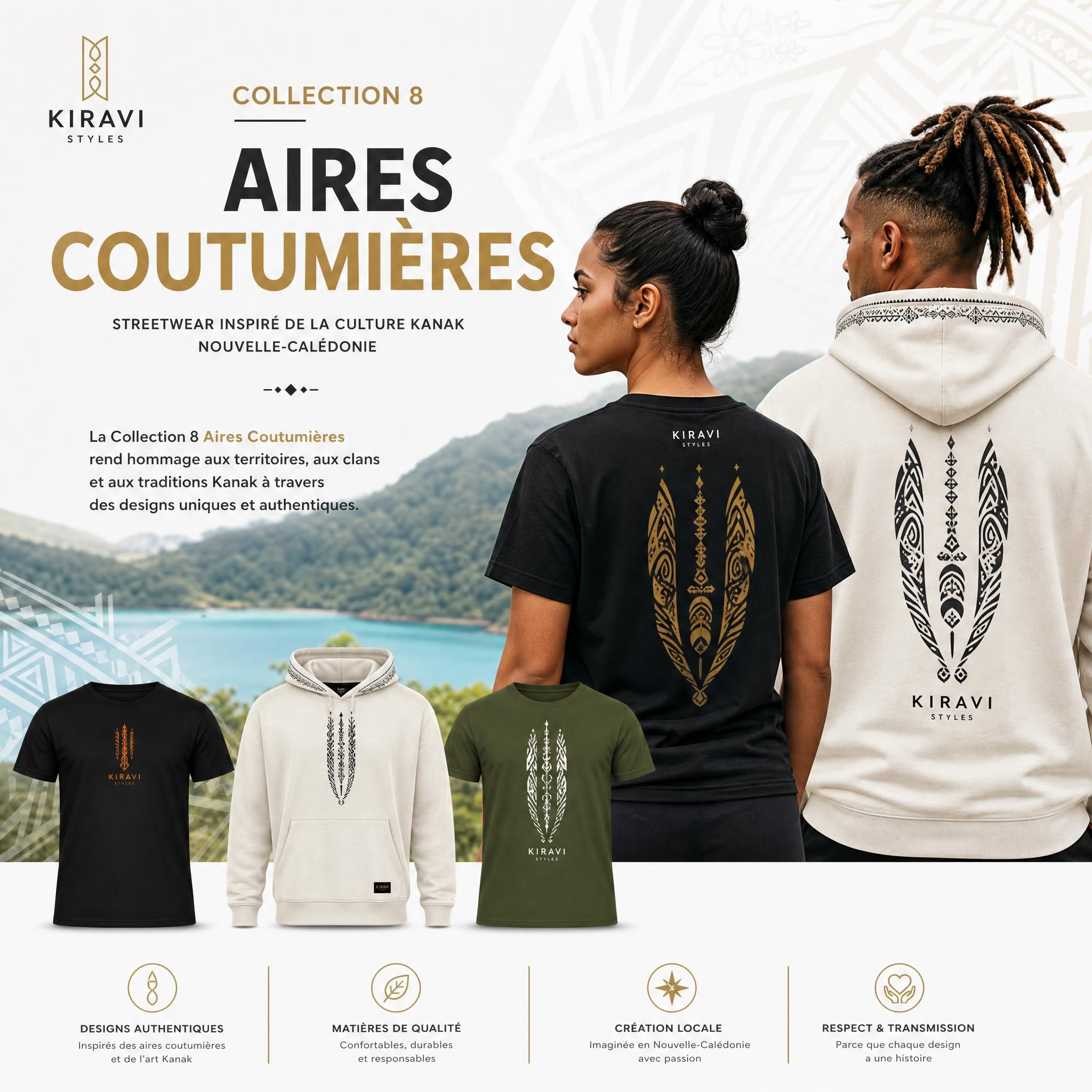 Collection 8 Aires Coutumières Kiravi Styles — t-shirts et hoodies streetwear inspirés de la culture Kanak de Nouvelle-Calédonie