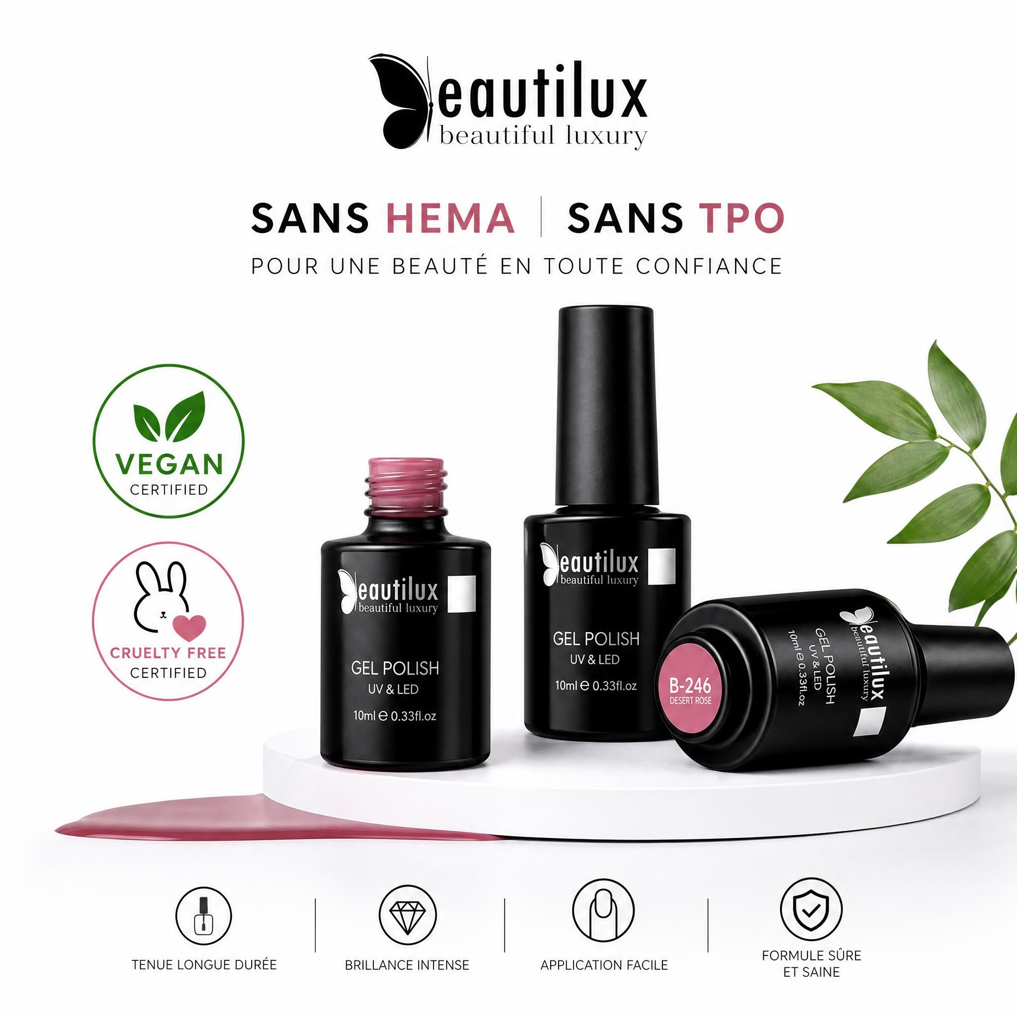 Flacons de vernis semi-permanent Beautilux sans HEMA sans TPO avec certification vegan et cruelty-free sur fond blanc épuré