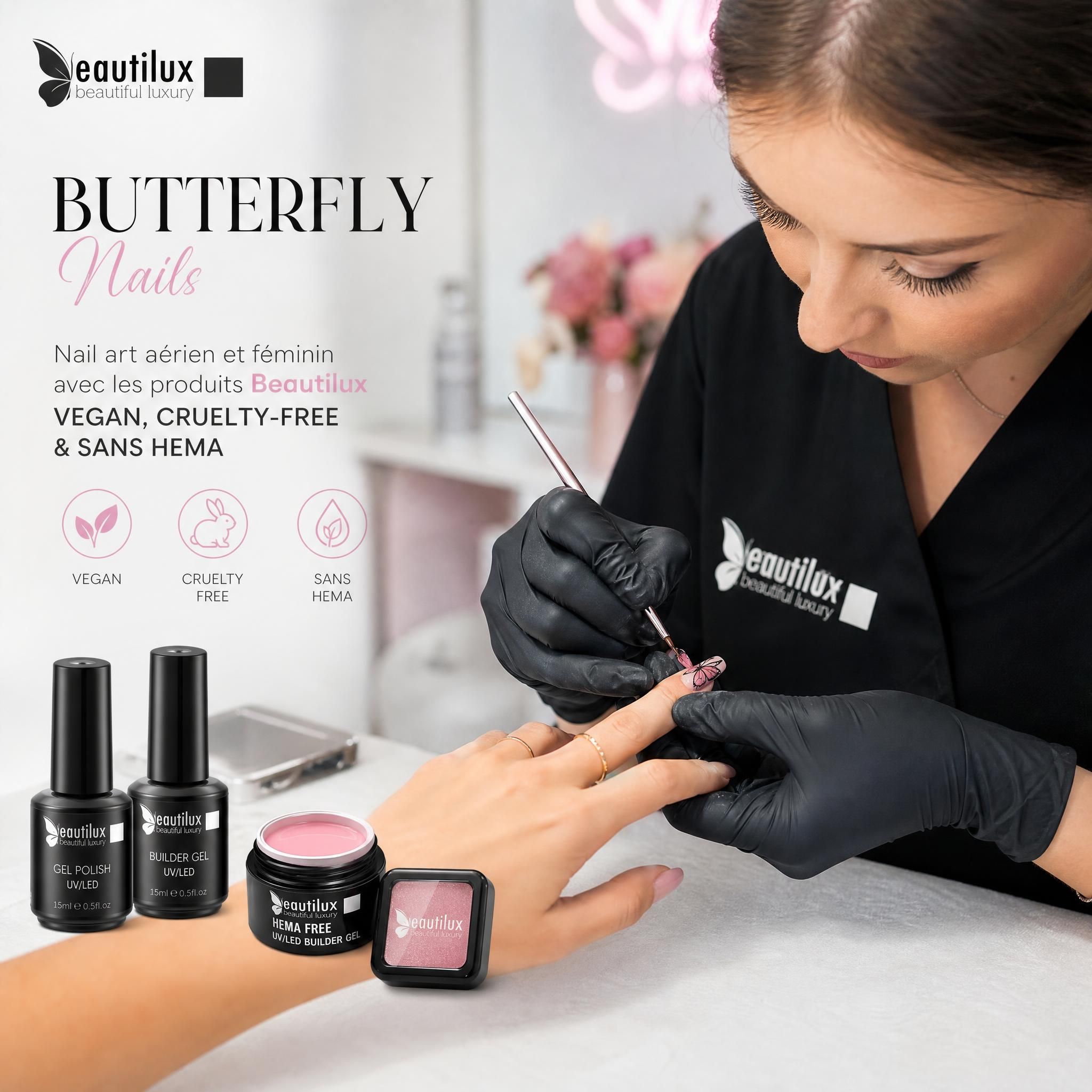 Nail tech professionnelle réalisant un nail art butterfly nails avec les produits Beautilux vegan cruelty-free sans HEMA dans un salon moderne