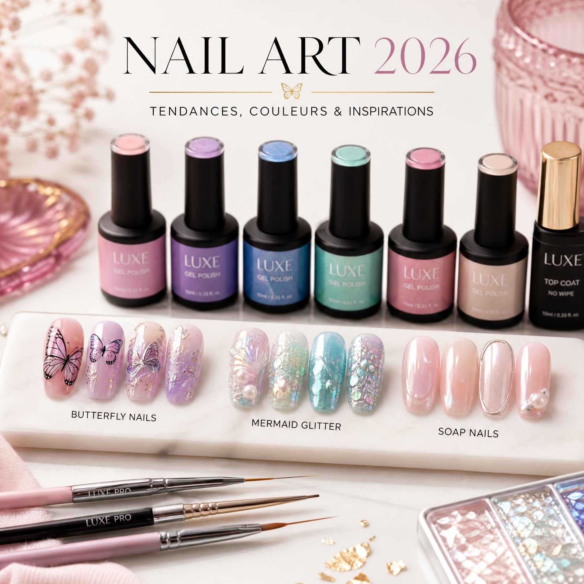 Plateau de nail art 2026 avec vernis semi-permanent colorés, pinceaux professionnels et ongles décorés aux tendances butterfly nails, mermaid glitter et soap nails