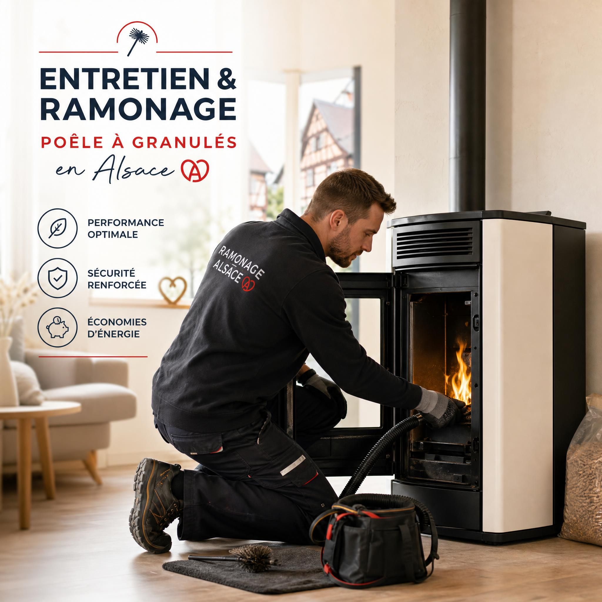 Technicien professionnel réalisant l'entretien et le ramonage d'un poêle à granulés en Alsace