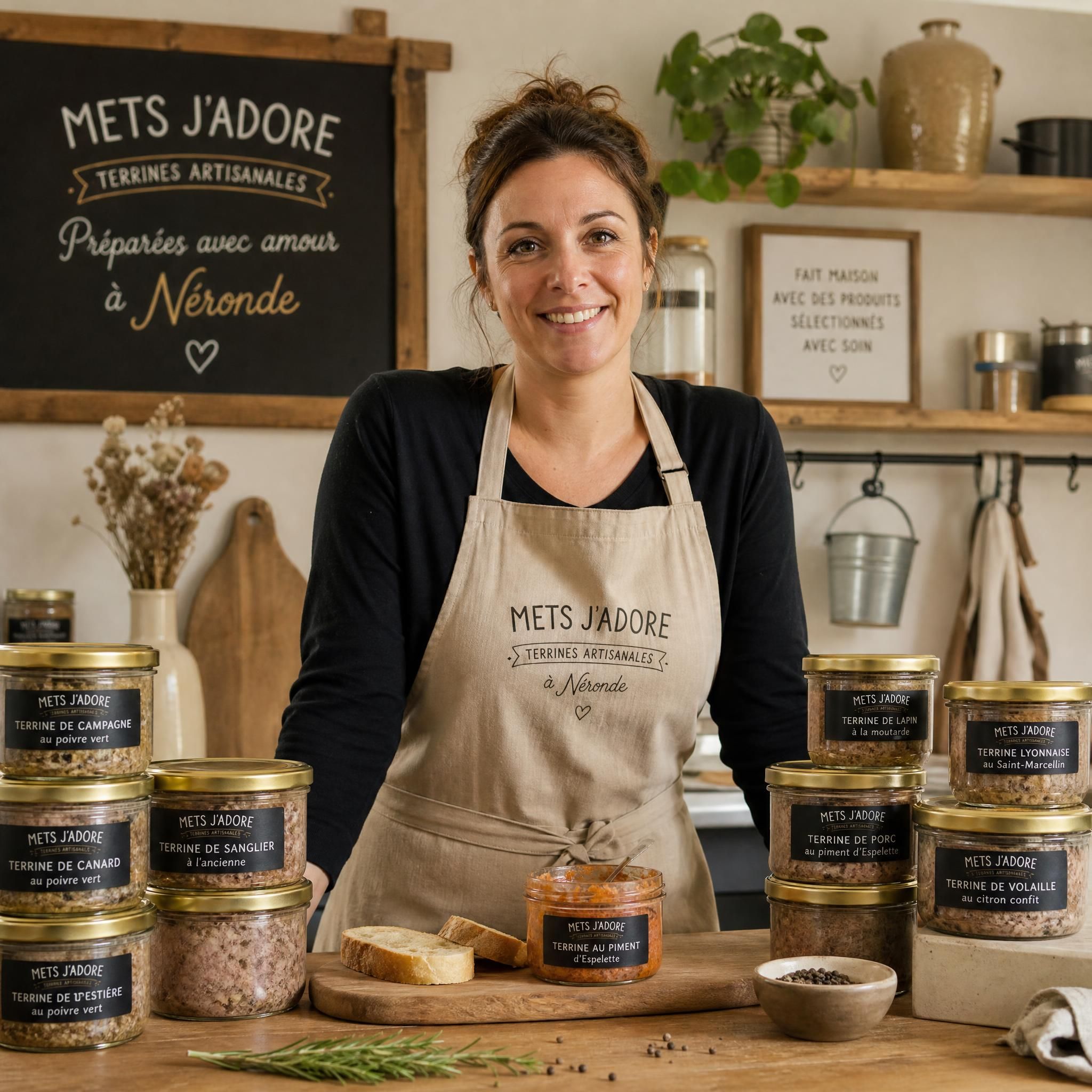 Laura en tablier dans son atelier artisanal à Néronde, entourée de bocaux de terrines Mets J'adore, ambiance chaleureuse et authentique
