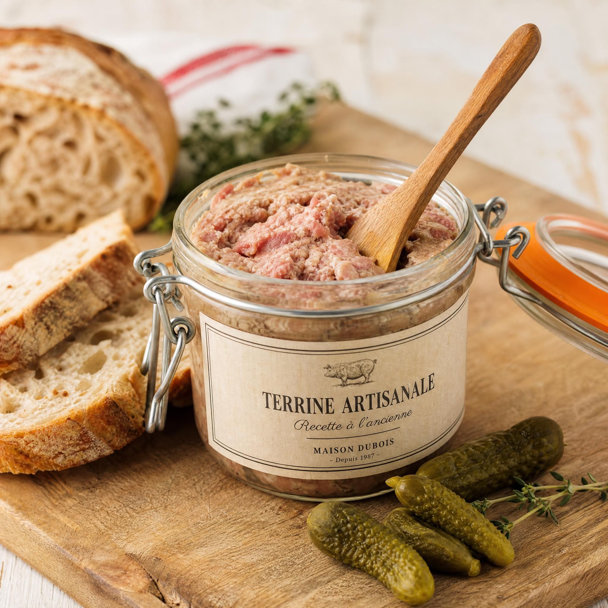 Bocal de terrine artisanale ouvert avec une cuillère en bois, sur une planche en bois avec du pain de campagne et cornichons