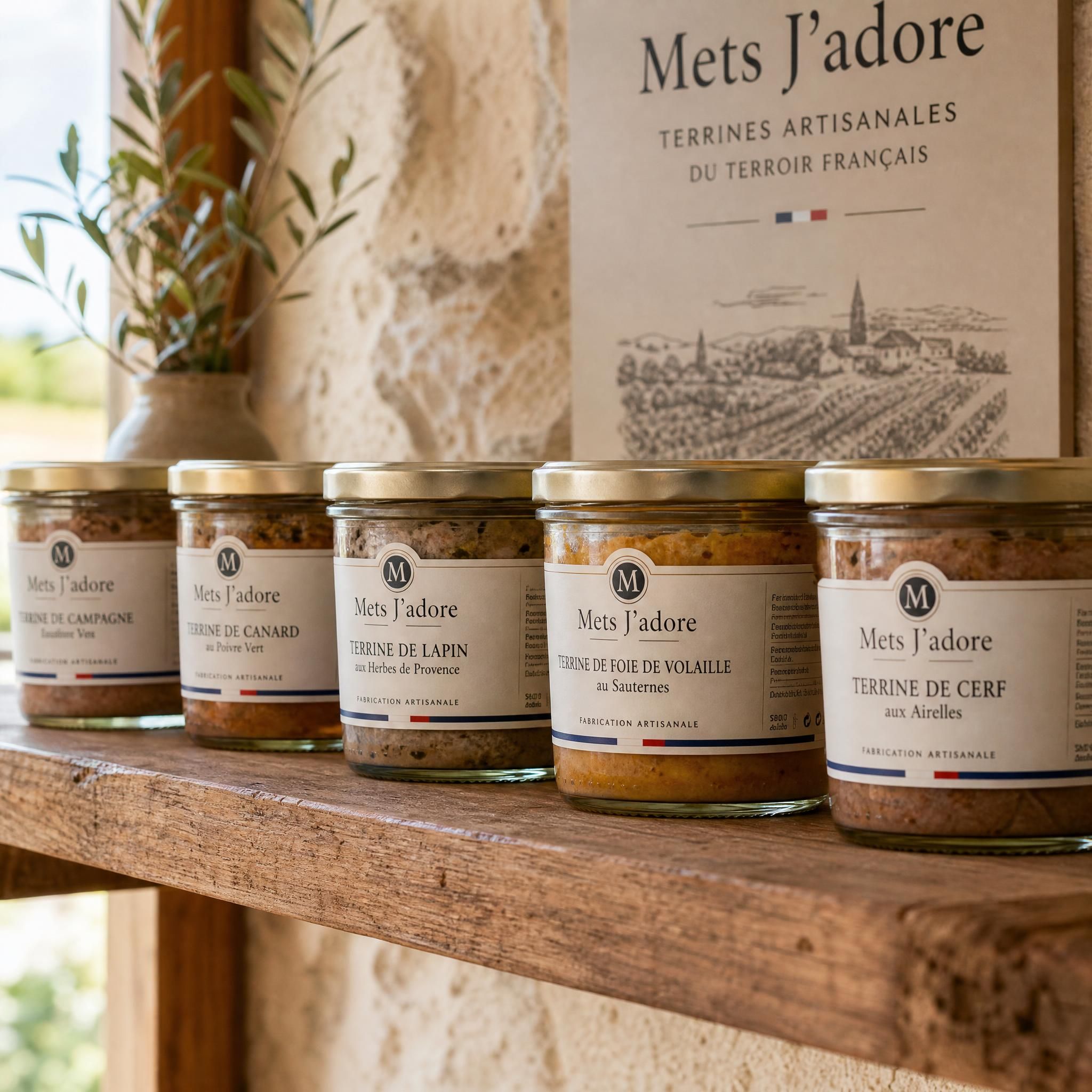 Bocaux de terrines artisanales Mets J'adore alignés sur une étagère en bois, lumière naturelle, terroir français