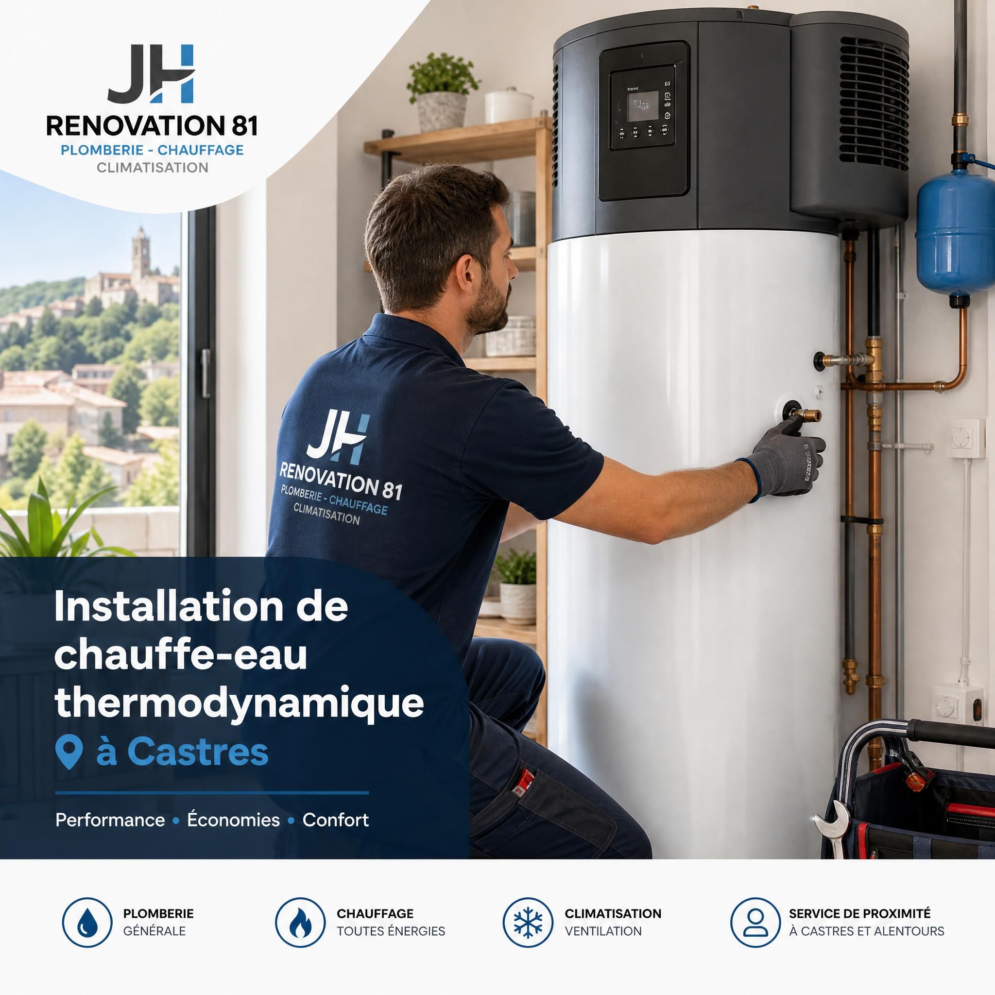 Plombier professionnel de JH Renovation 81 en train d'installer un chauffe-eau thermodynamique à Castres