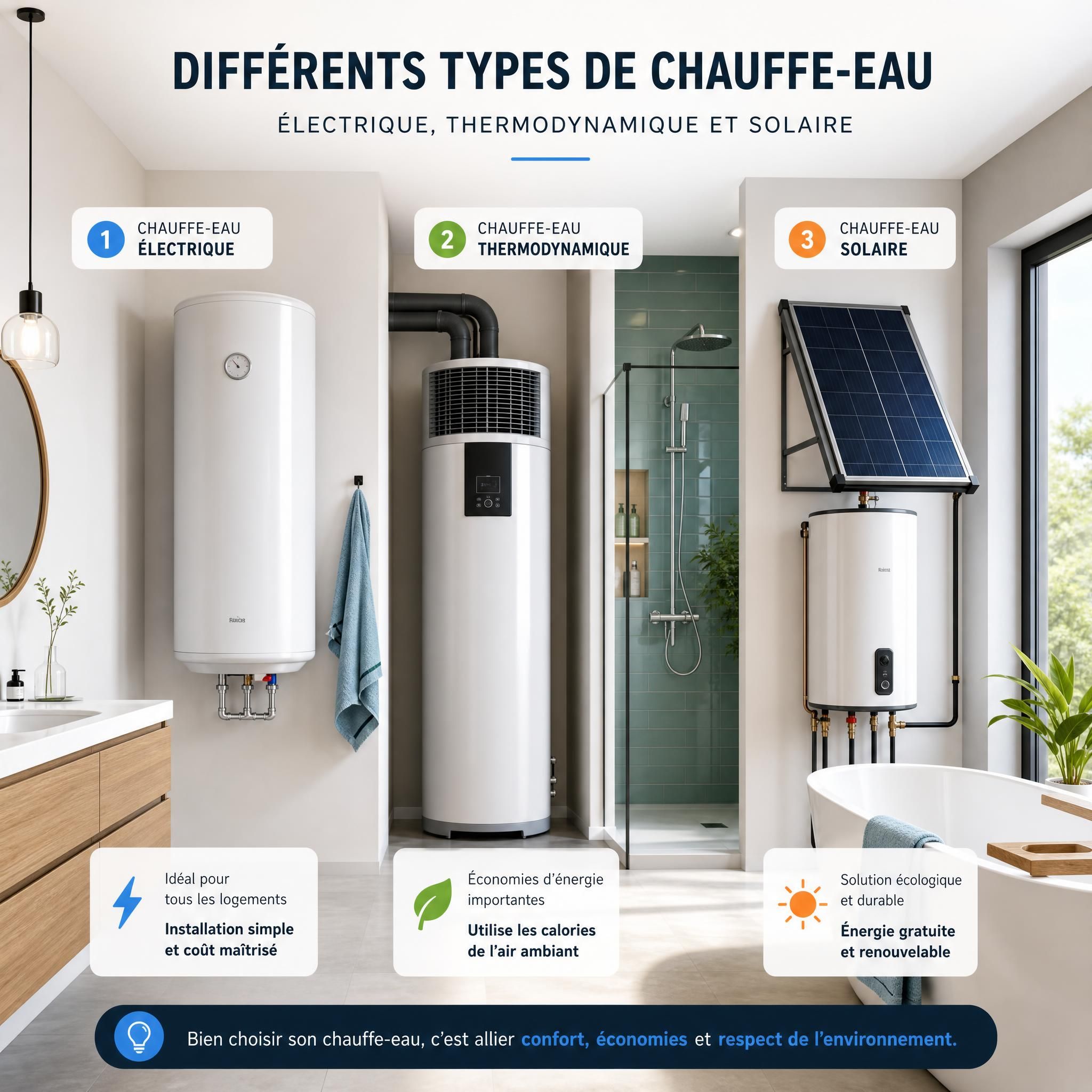 Différents types de chauffe-eau installés dans une salle de bain moderne - électrique, thermodynamique et solaire
