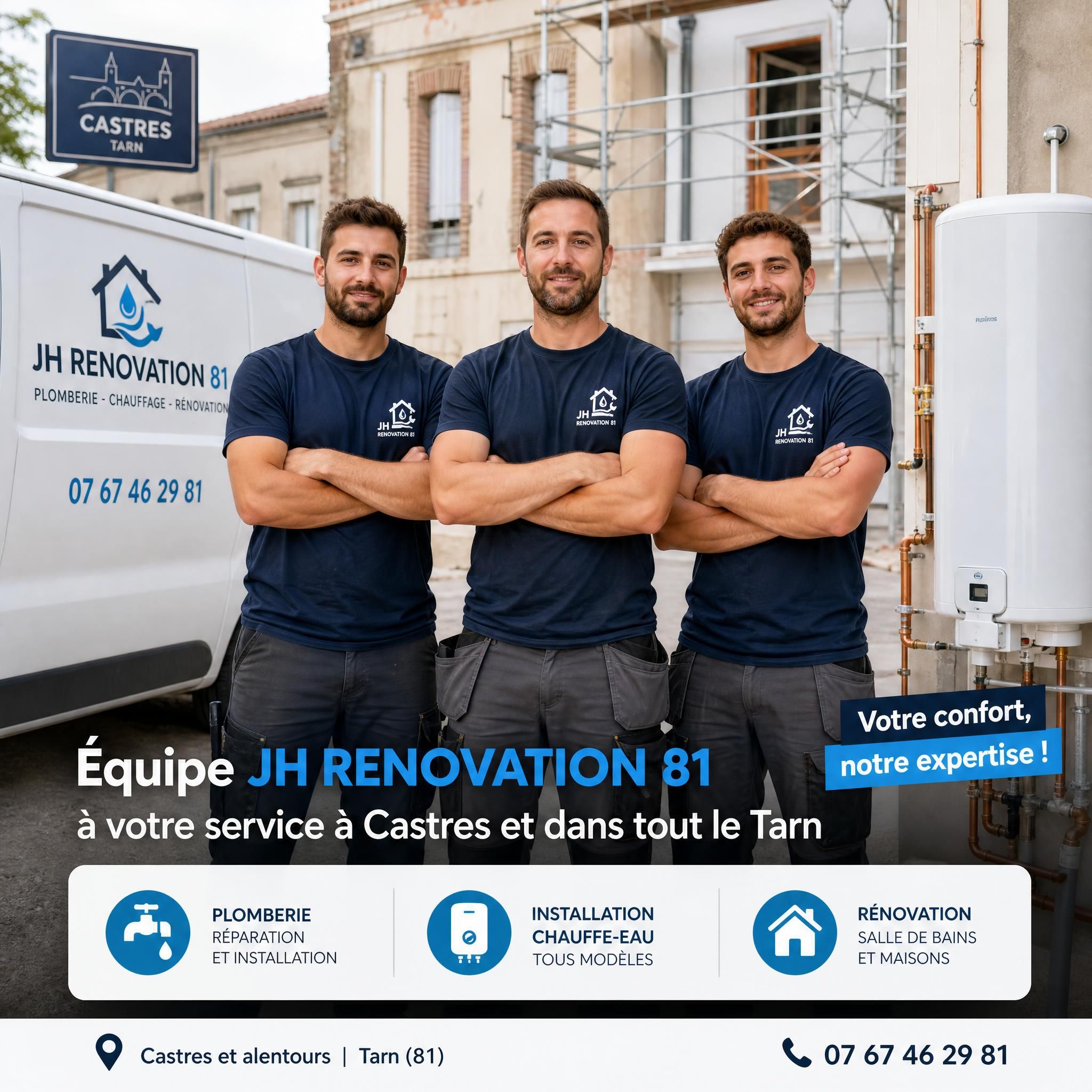Équipe JH Renovation 81 devant un chantier de rénovation à Castres dans le Tarn - plomberie et installation chauffe-eau