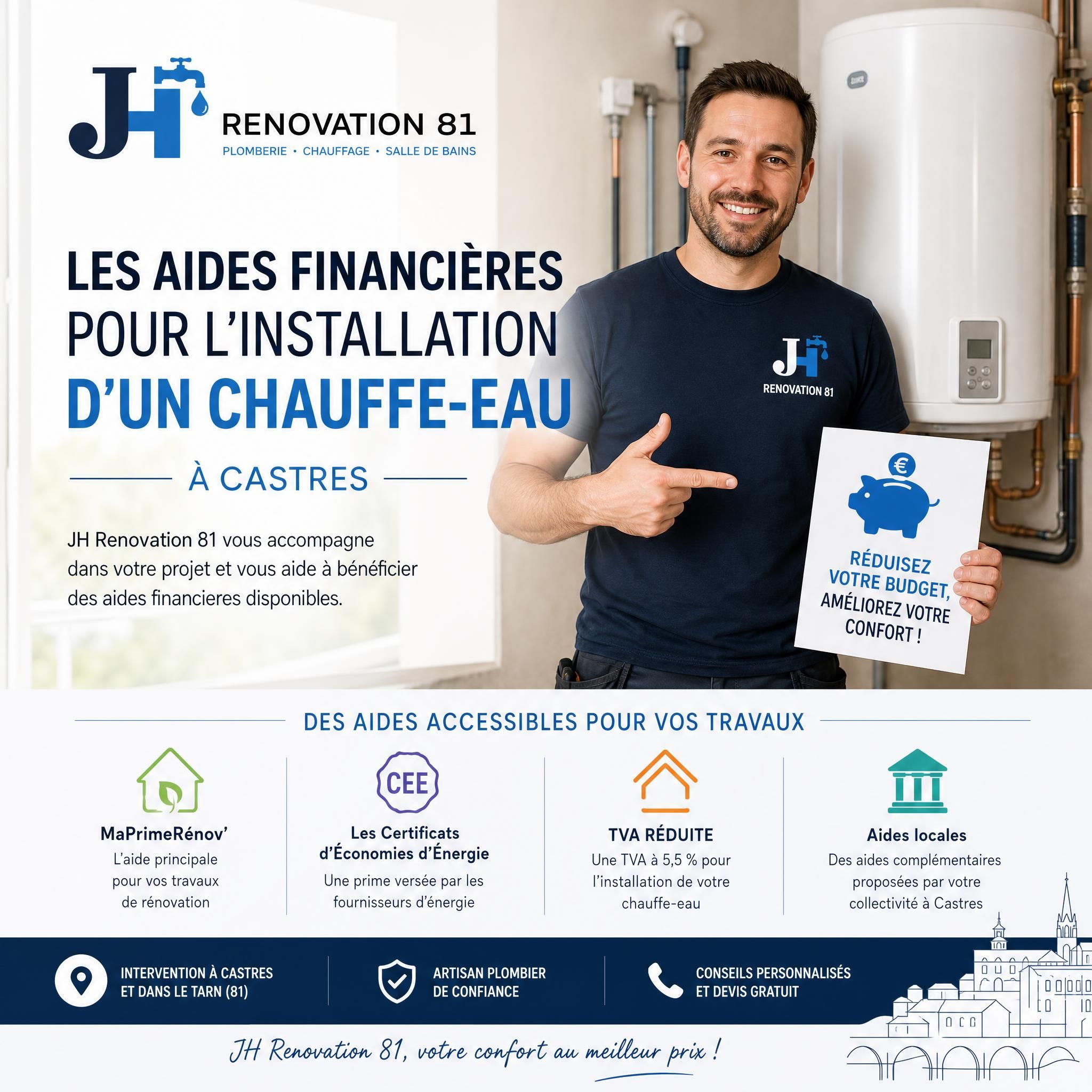 Artisan plombier JH Renovation 81 présentant les aides financières disponibles pour l'installation d'un chauffe-eau à Castres