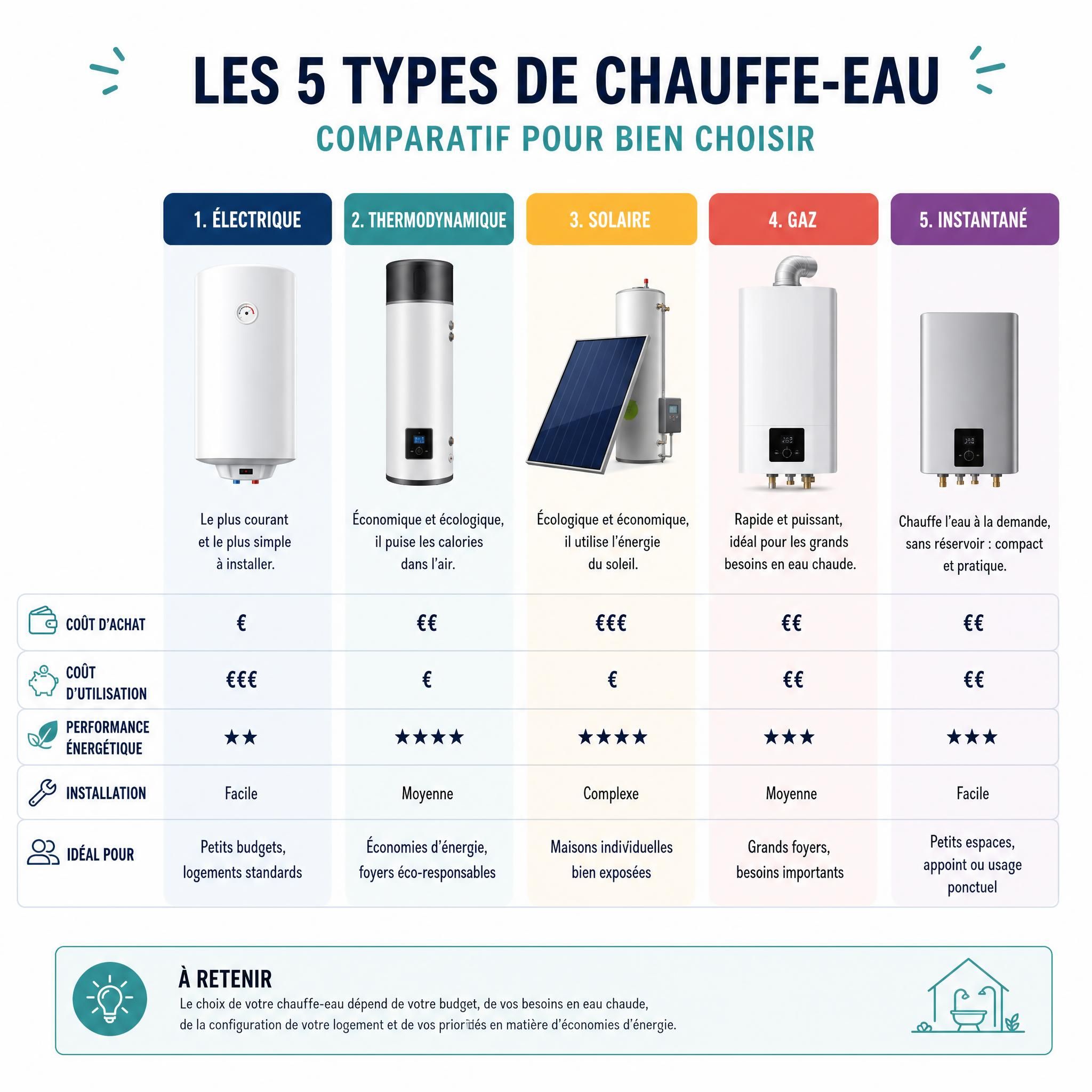 Schéma comparatif des cinq types de chauffe-eau - électrique, thermodynamique, solaire, gaz et instantané