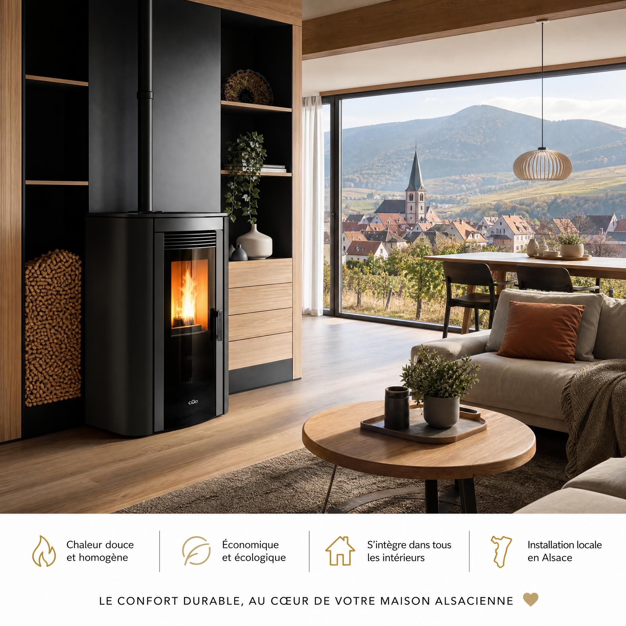 PoĂȘle Ă granulĂ©s moderne installĂ© dans un salon alsacien avec vue sur les Vosges, design contemporain sur mesure