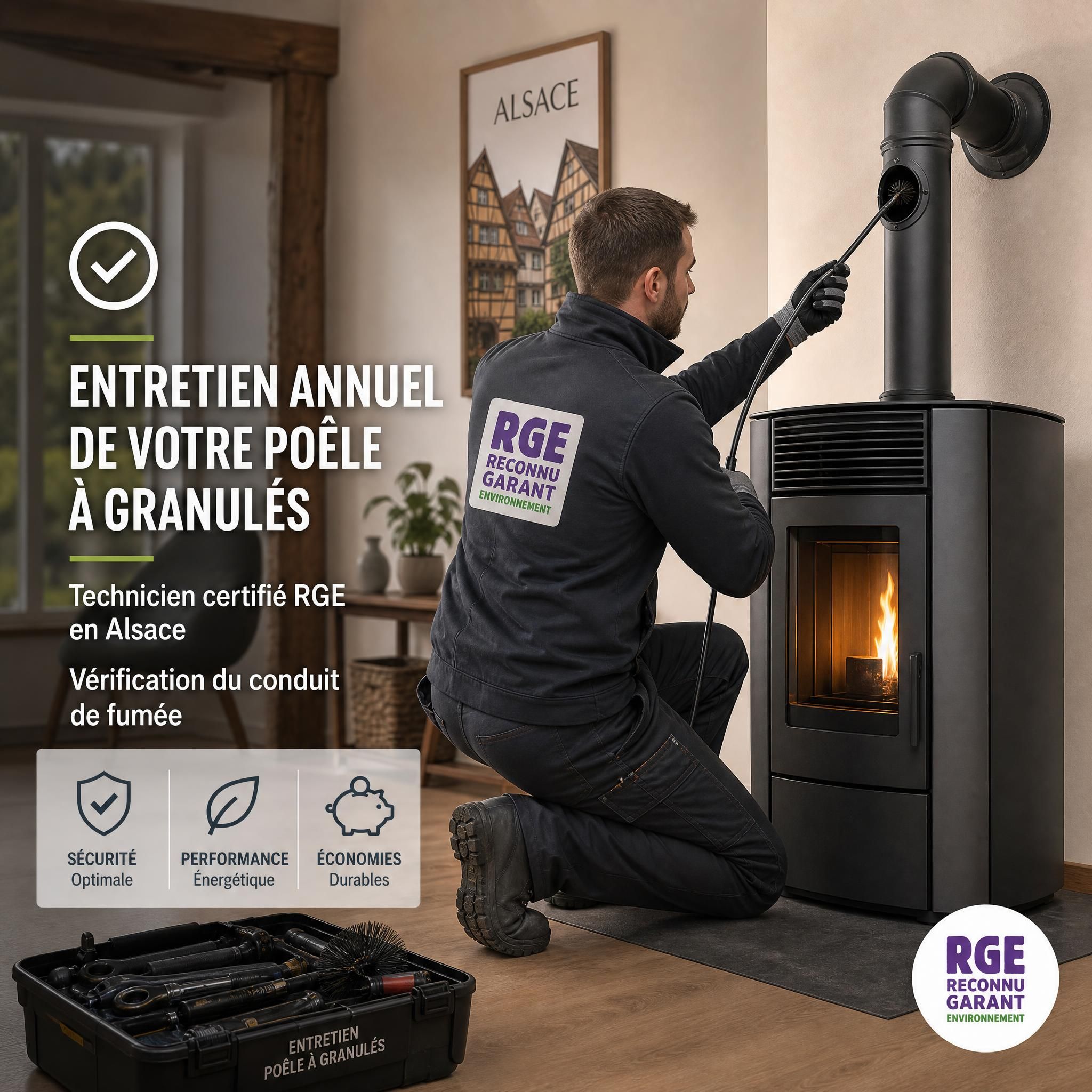 Technicien certifiĂ© RGE rĂ©alisant l'entretien annuel d'un poĂȘle Ă granulĂ©s en Alsace, vĂ©rification du conduit de fumĂ©e