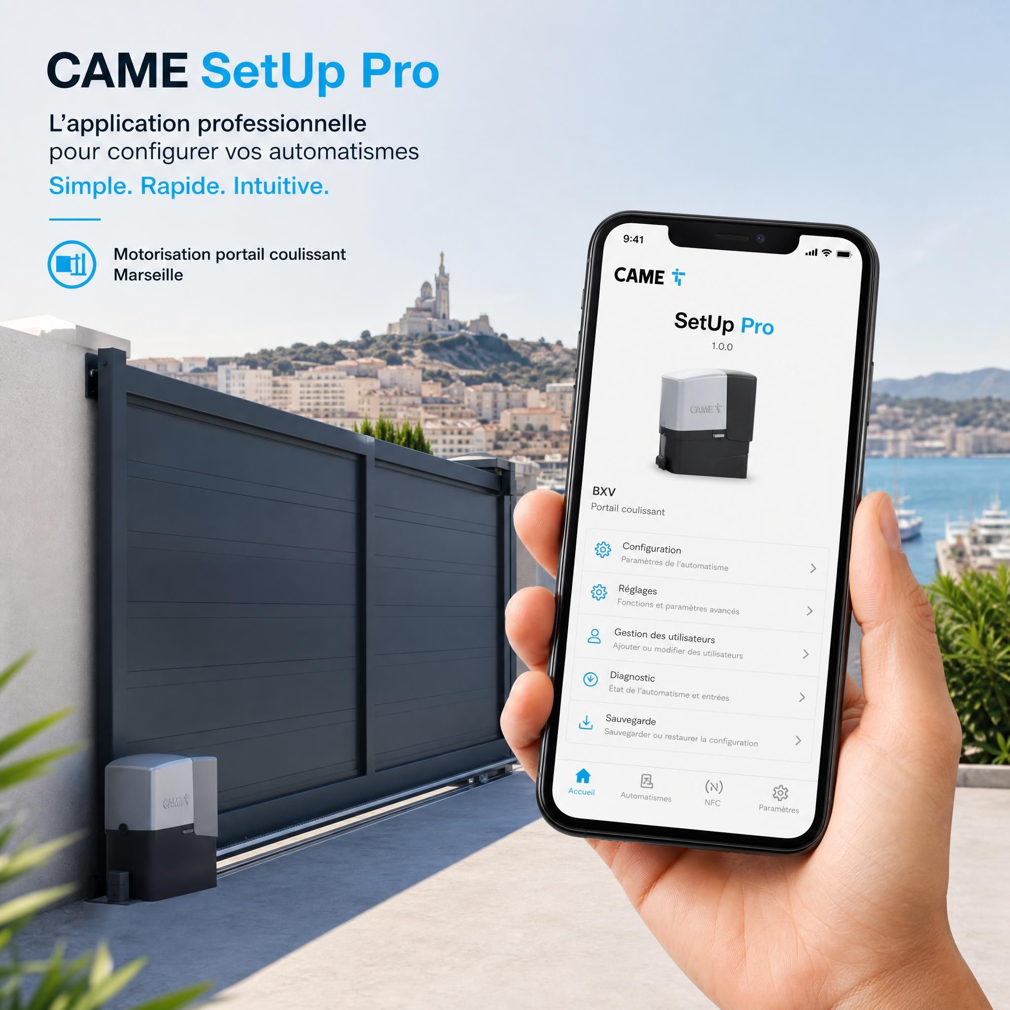 Application CAME SetUp Pro sur smartphone pour configuration motorisation portail coulissant Marseille