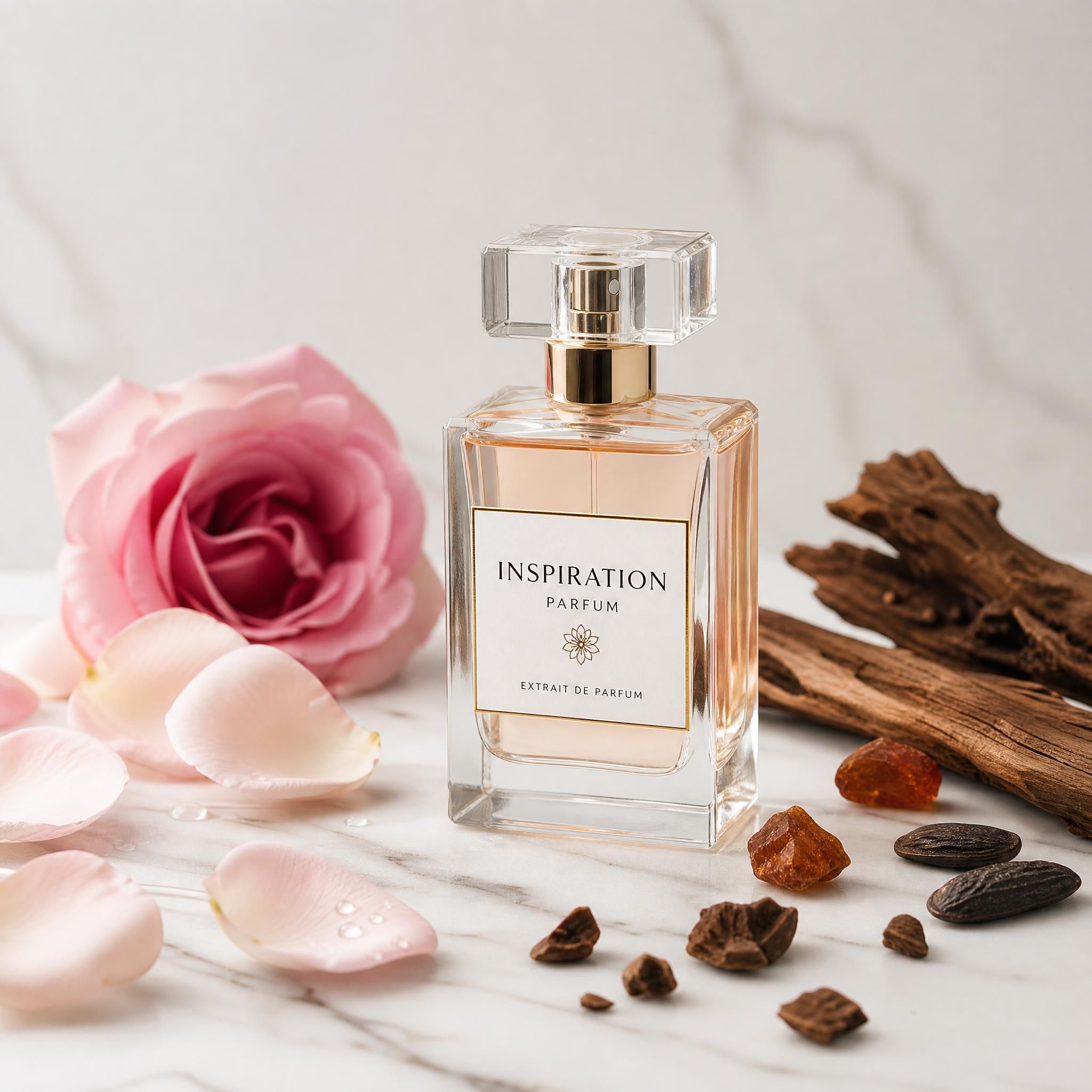 Flacon de parfum inspiration posé sur un marbre blanc avec des pétales de rose et des notes boisées, esthétique premium accessible Univers du Parfum