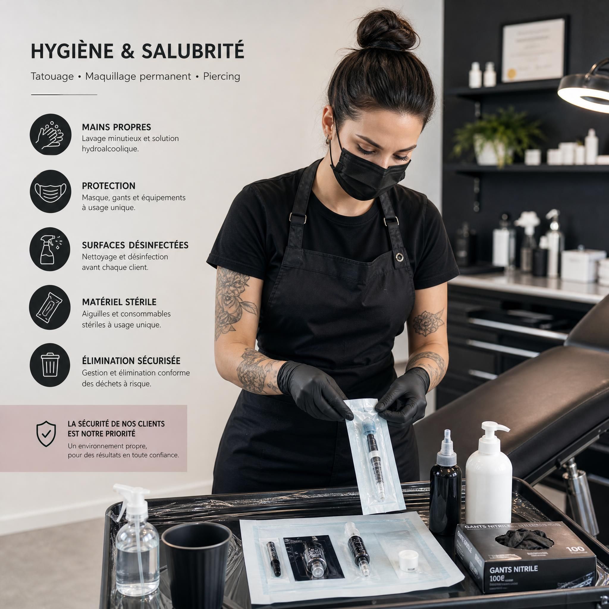 Professionnel du tatouage en train de préparer son poste de travail avec du matériel stérile et des équipements de protection — hygiène et salubrité tatouage maquillage permanent piercing