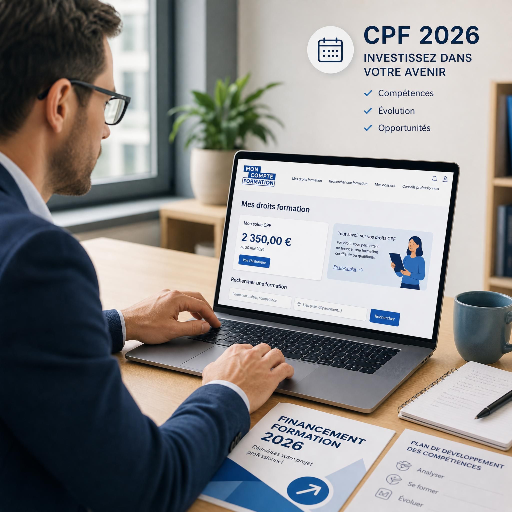 Professionnel consultant son compte CPF sur ordinateur portable avec documents de financement formation 2026