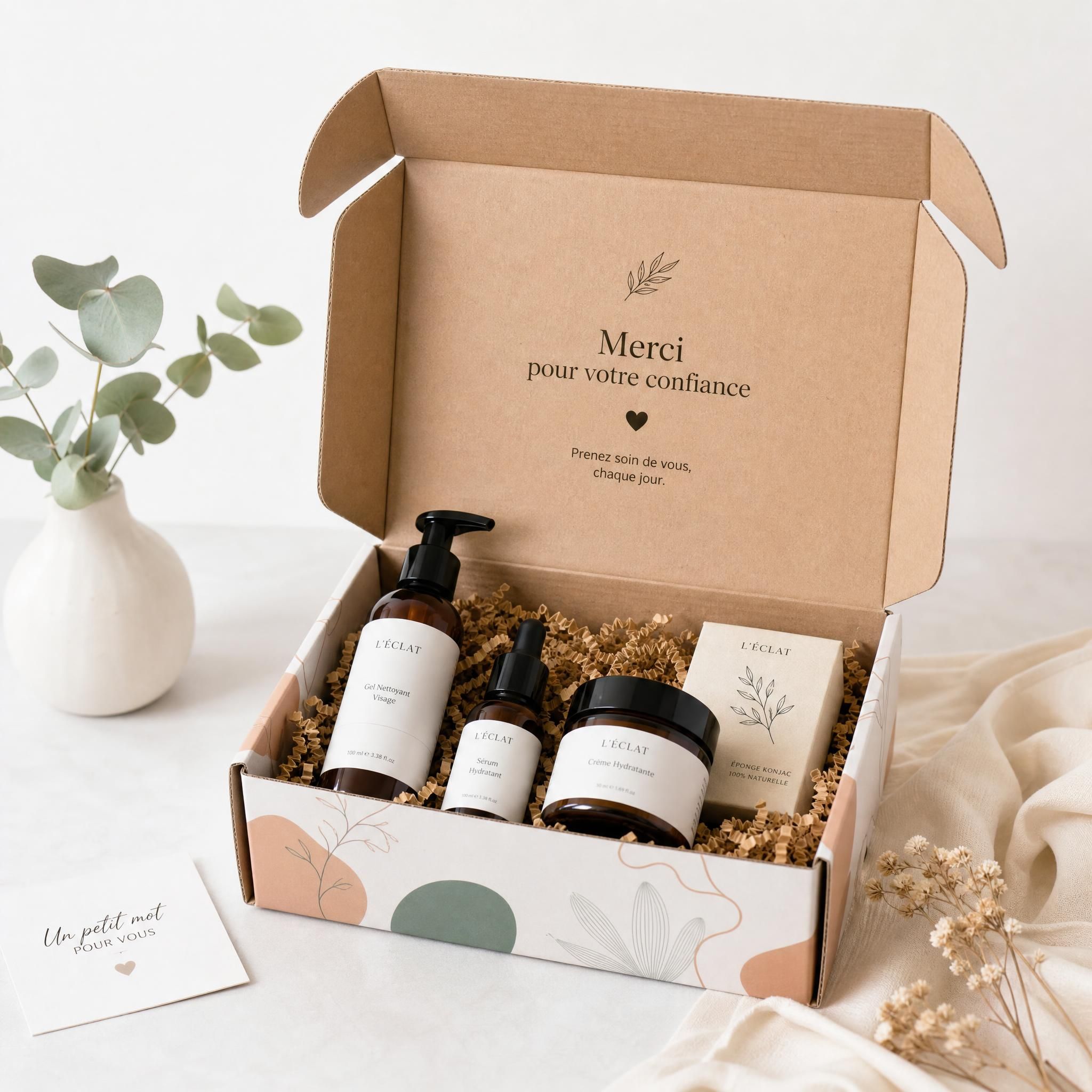 Expérience unboxing packaging personnalisé startup e-commerce - boîte ouverte avec produits beauté sur fond clair