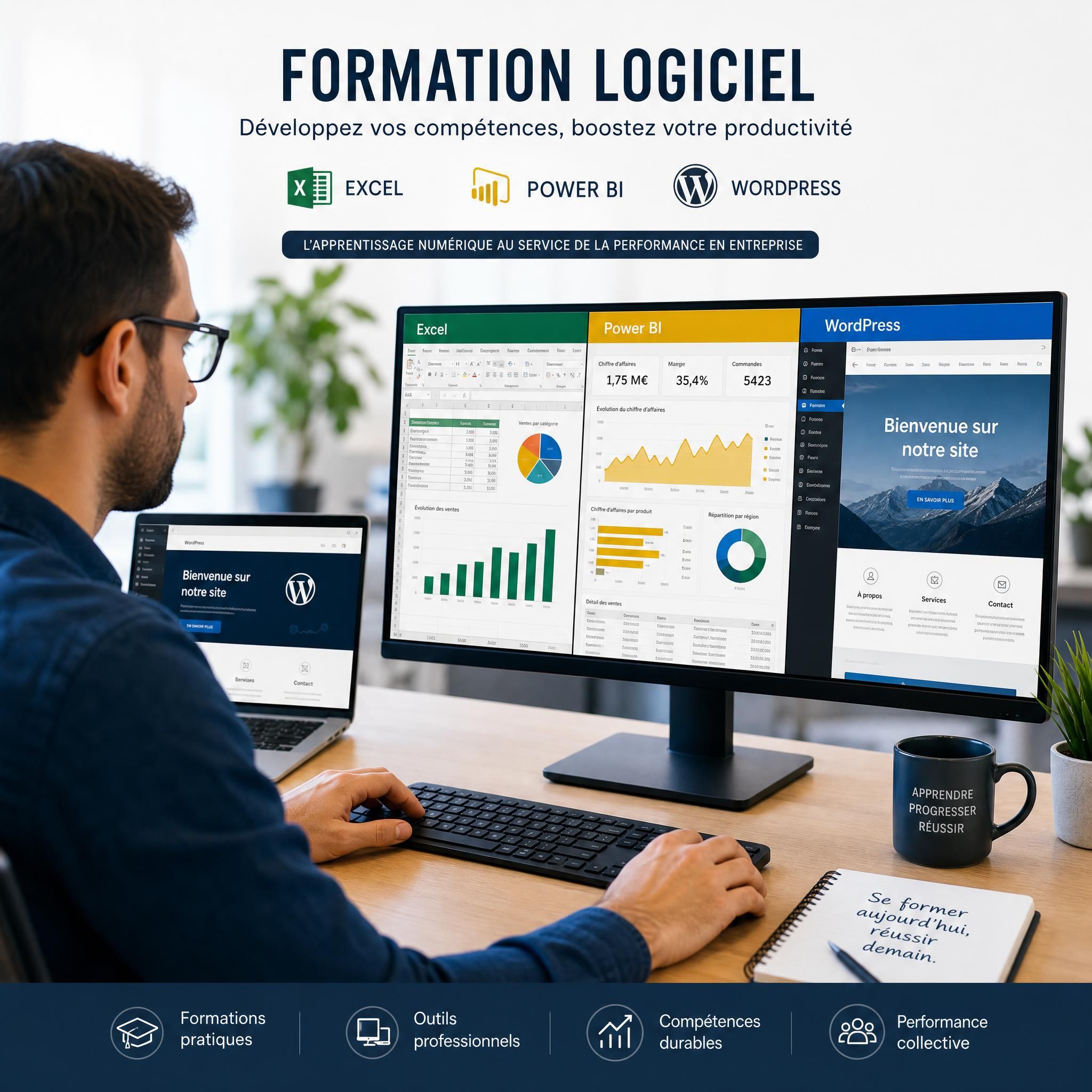 Professionnel devant un écran avec des logiciels Excel, Power BI et WordPress ouverts, symbolisant la formation logiciel et l'apprentissage numérique en entreprise