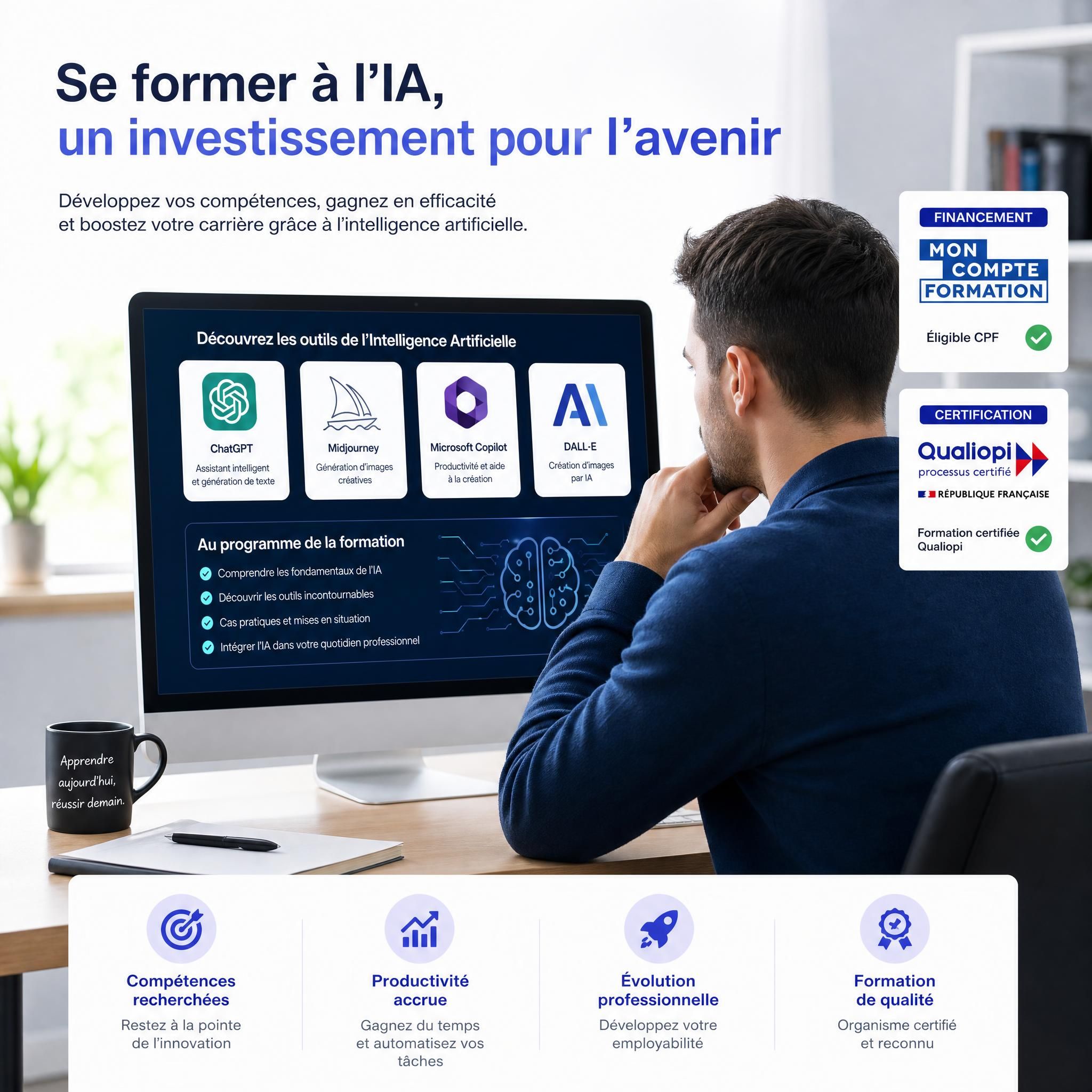 Professionnel en formation IA devant un écran d'ordinateur avec des outils d'intelligence artificielle, financement CPF et certification Qualiopi