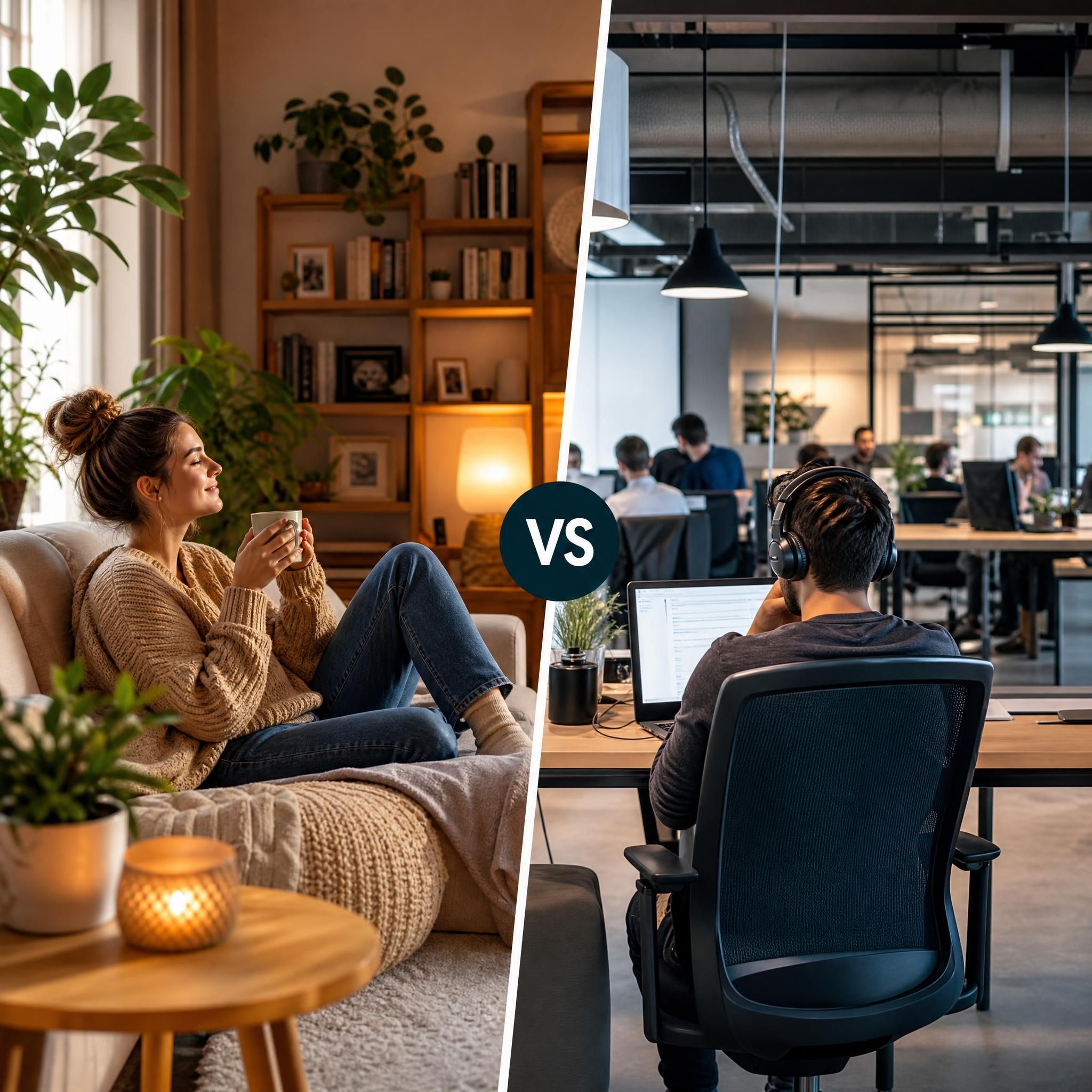 Personne se reposant dans un salon chaleureux chez un particulier, ambiance conviviale et détendue, contraste avec un open space de coworking