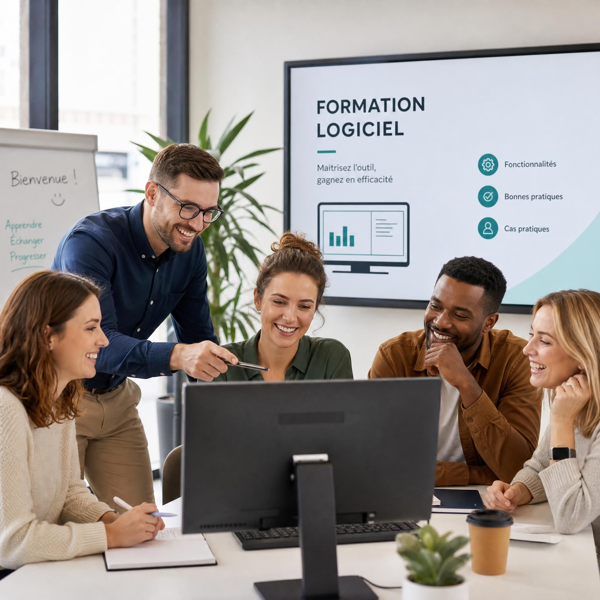 Groupe de professionnels souriants autour d'un écran d'ordinateur lors d'une formation logiciel en présentiel, ambiance bienveillante et dynamique