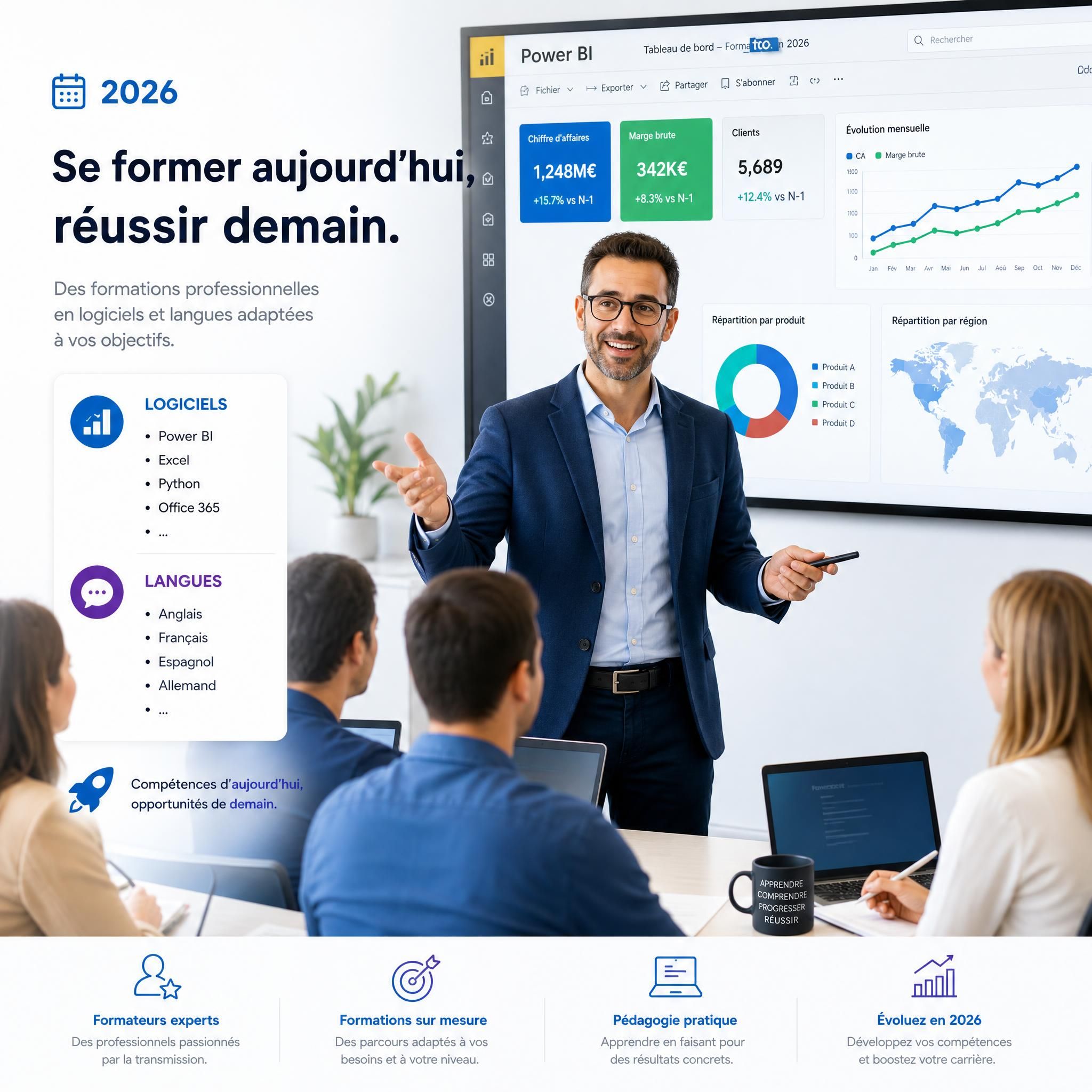 Formateur expert animant une session de formation professionnelle sur logiciels et langues en 2026, tableau de bord Power BI visible en arrière-plan