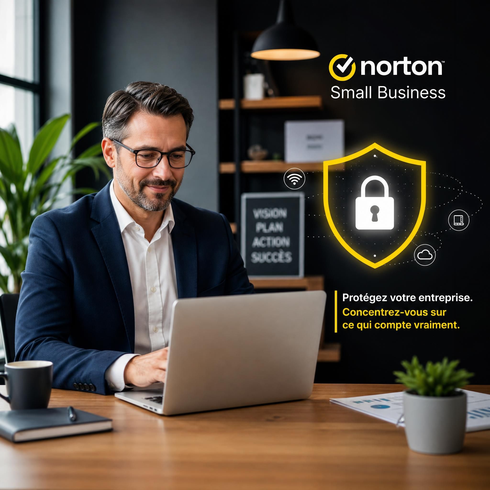 Chef d'entreprise PME travaillant sur son ordinateur portable, protégé par une solution de cybersécurité Norton Small Business, bureau moderne