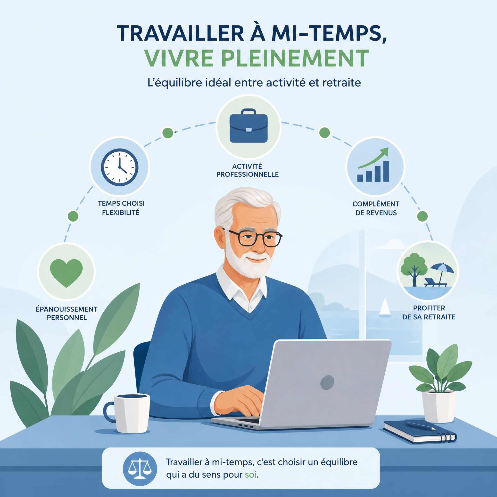 Illustration flat design vectoriel représentant un senior serein travaillant à mi-temps devant un ordinateur, entouré d'icônes symbolisant l'équilibre entre activité professionnelle et retraite — style graphique épuré, couleurs douces bleu et vert