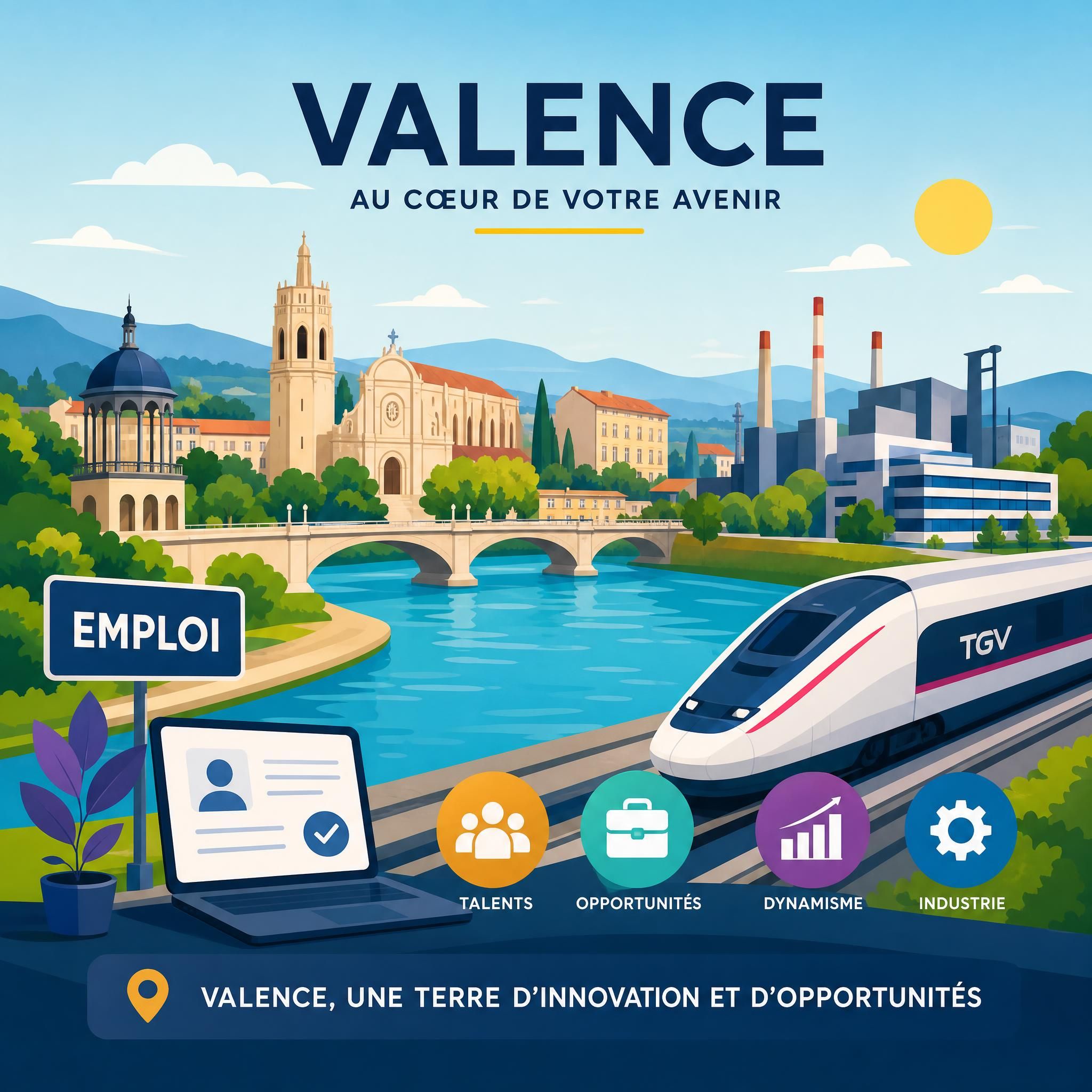 Illustration flat design vectorielle représentant la ville de Valence avec des icônes d'emploi, de bâtiments industriels, d'un TGV et du Rhône — ambiance dynamique et ensoleillée