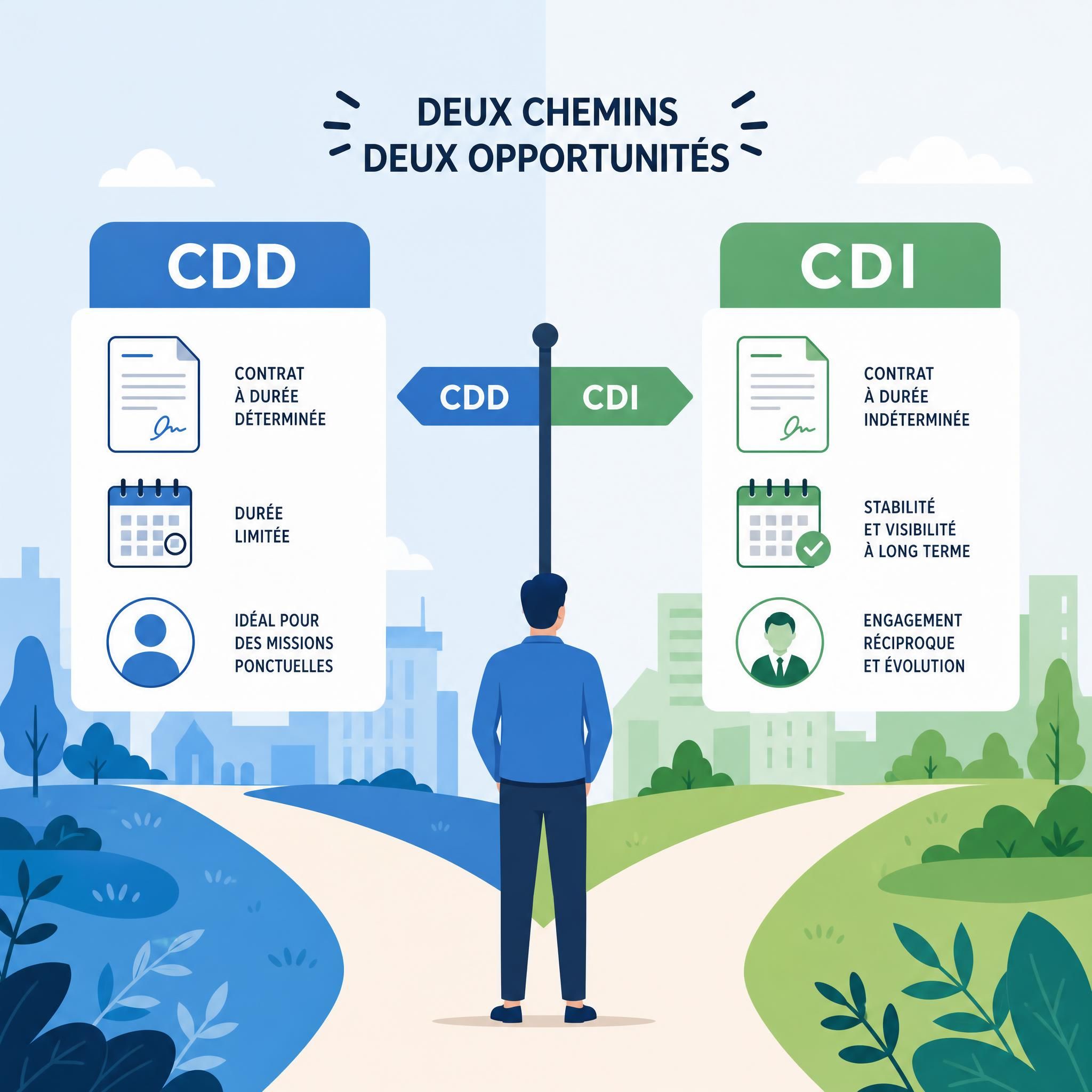 Illustration flat design vectorielle représentant deux chemins professionnels — CDD et CDI — avec des icônes de contrat, calendrier et salarié, style épuré et coloré