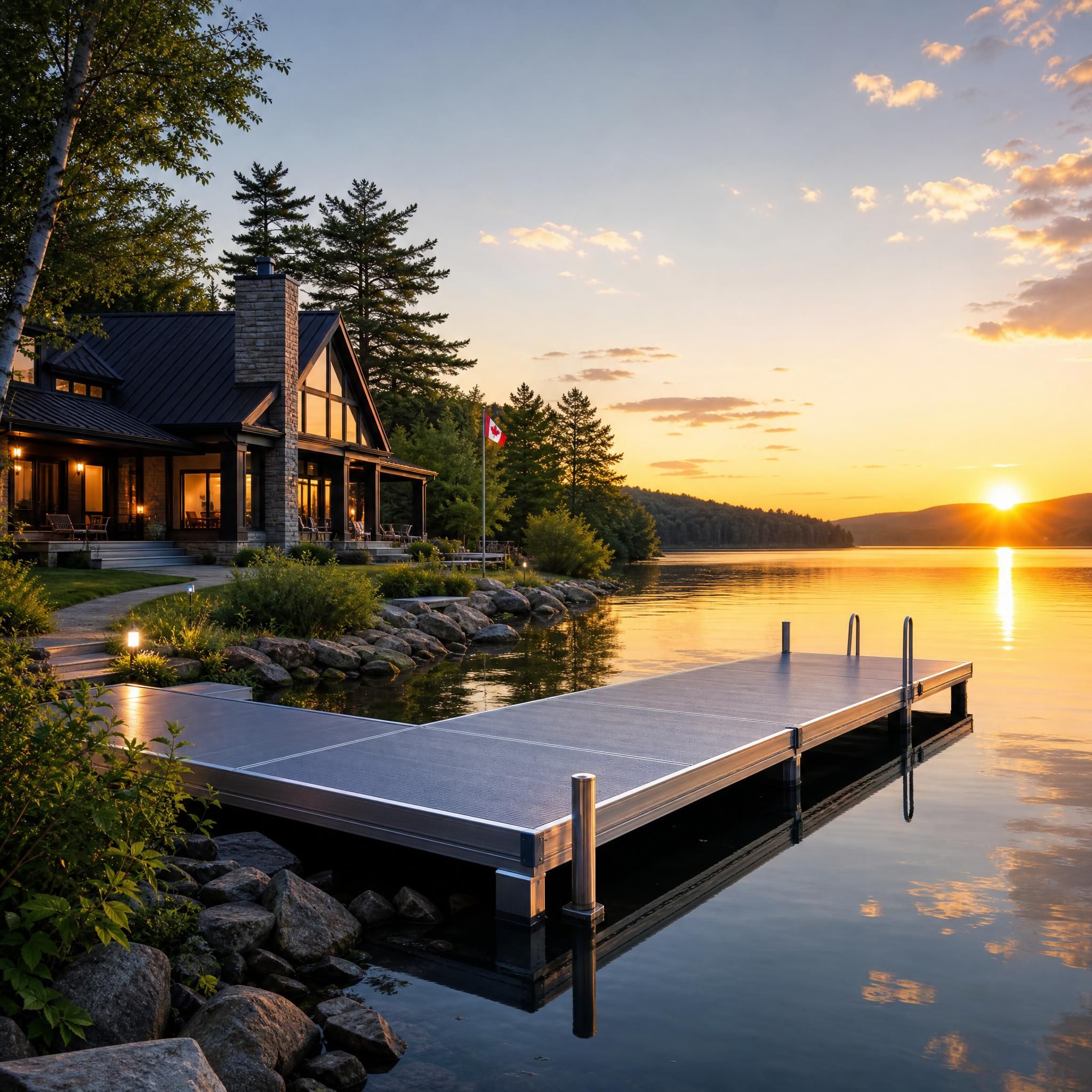 Propriété riveraine avec quai en aluminium moderne sur lac québécois au coucher du soleil, reflets sur l'eau calme