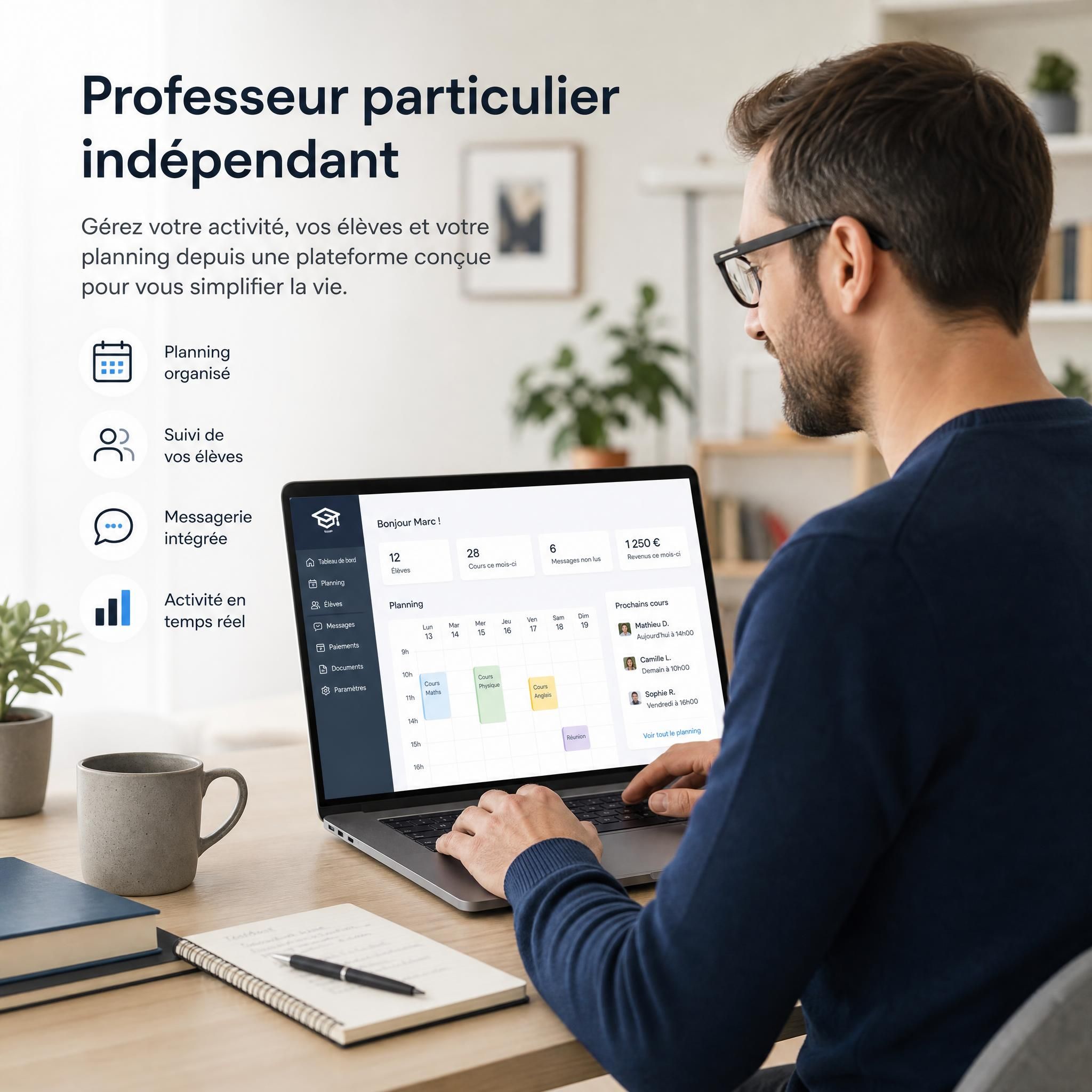Professeur particulier indépendant utilisant une plateforme numérique moderne pour gérer son planning et ses élèves depuis son bureau