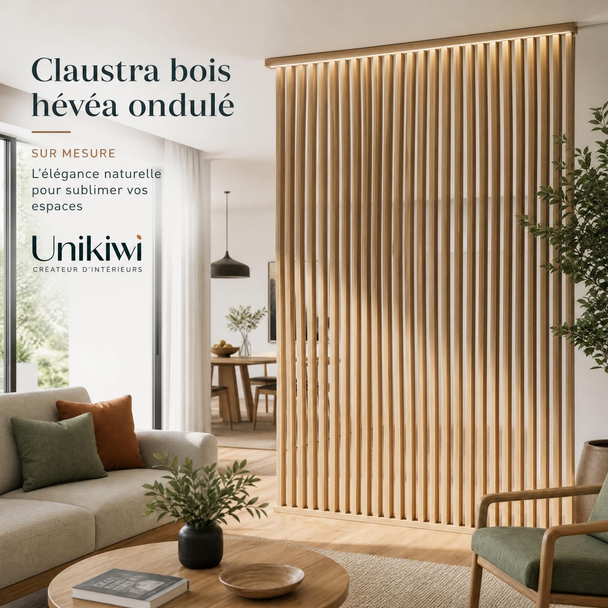 Claustra bois hévéa ondulé sur mesure dans un salon design avec lumière naturelle filtrée - Unikiwi