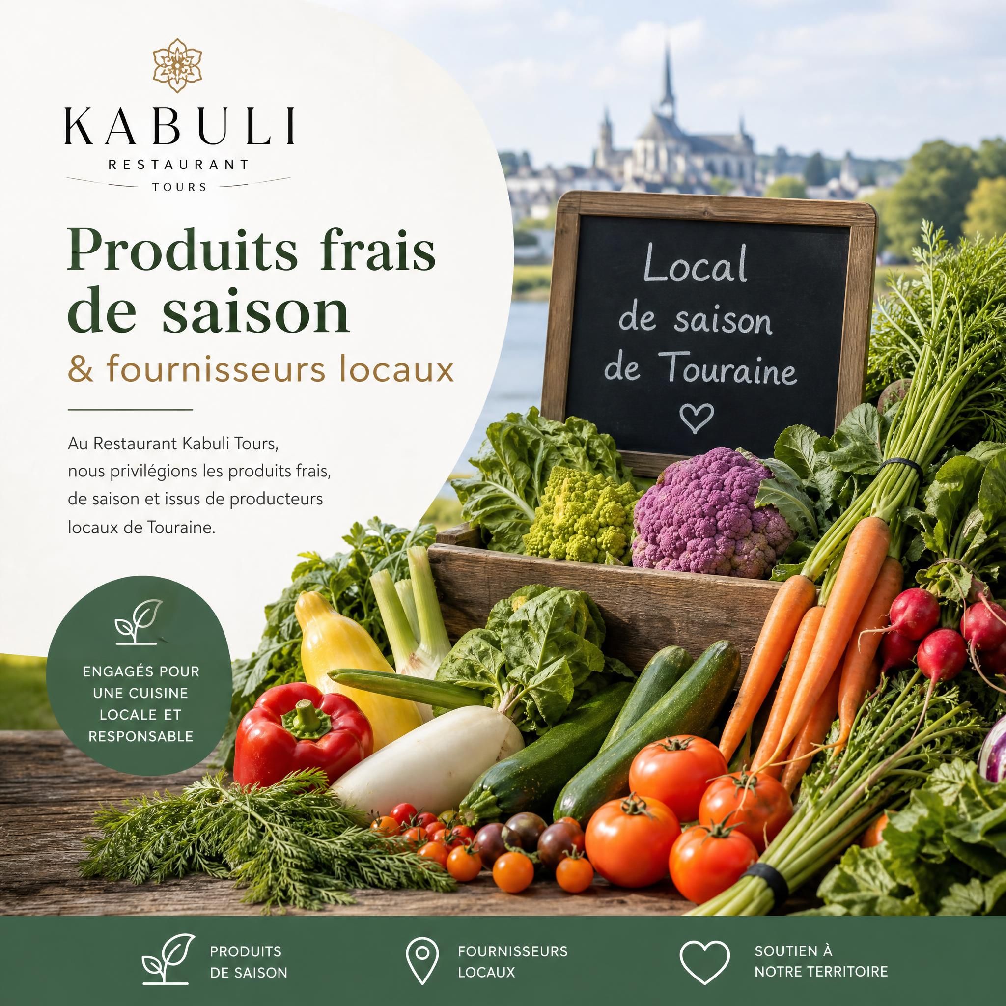 Produits frais de saison et fournisseurs locaux du Restaurant Kabuli Tours, légumes colorés de Touraine