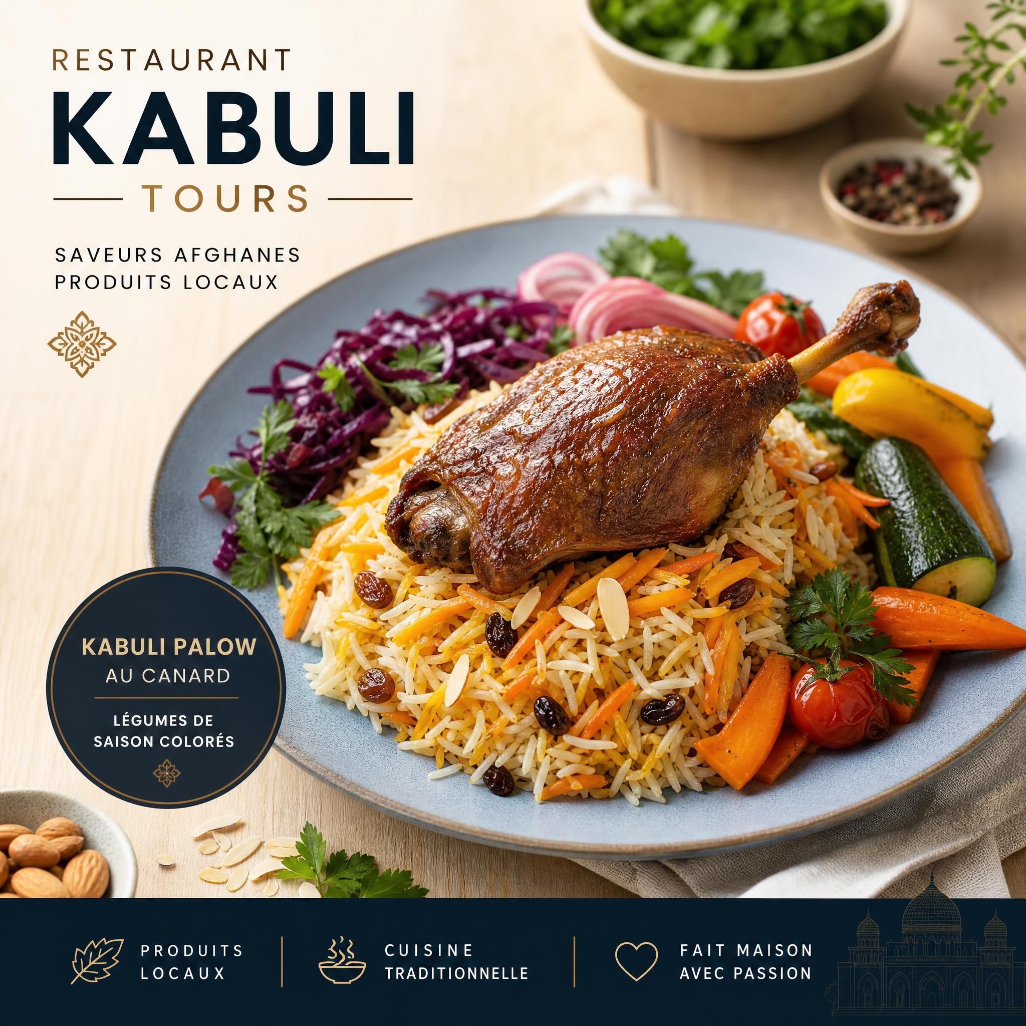Assiette de Kabuli Palow au canard avec légumes de saison colorés, Restaurant Kabuli Tours produits locaux