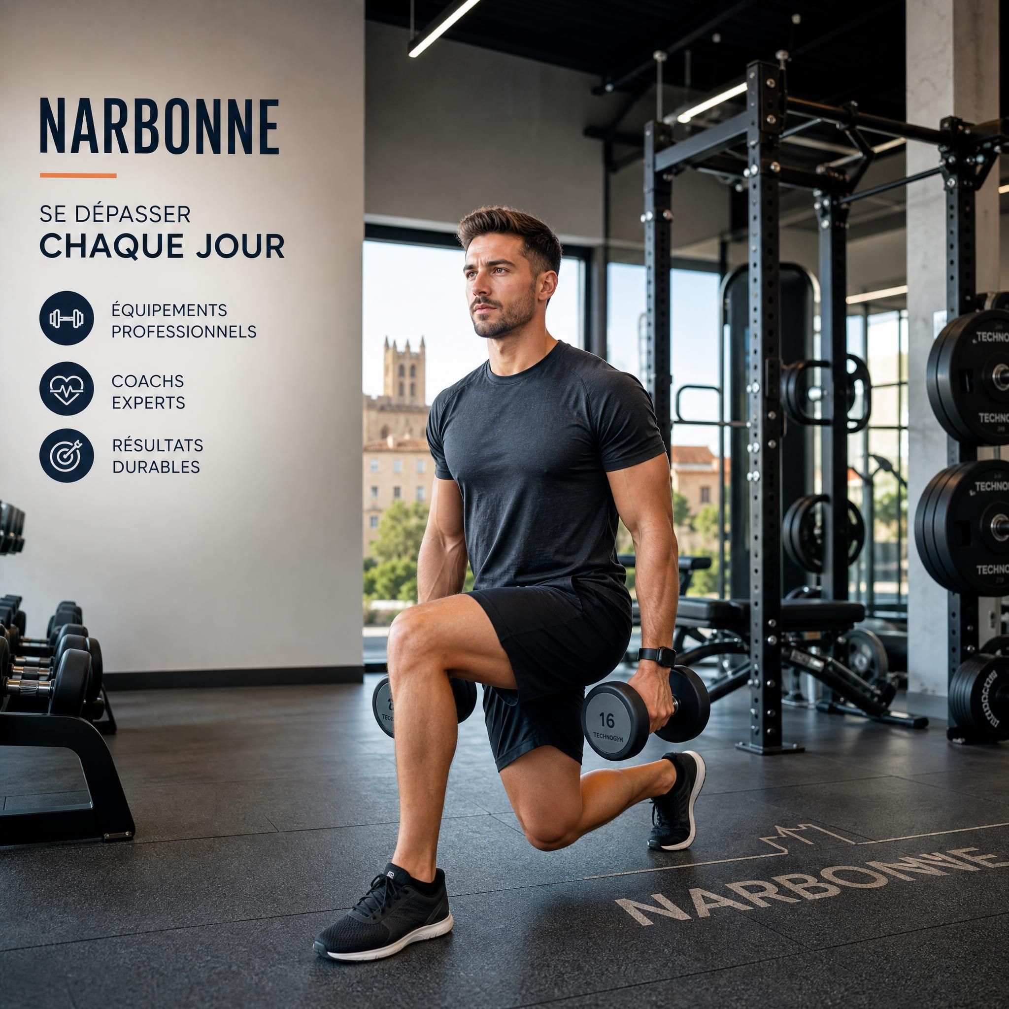 Personne motivée s'entraînant dans une salle de sport moderne à Narbonne, équipements de fitness professionnels en arrière-plan