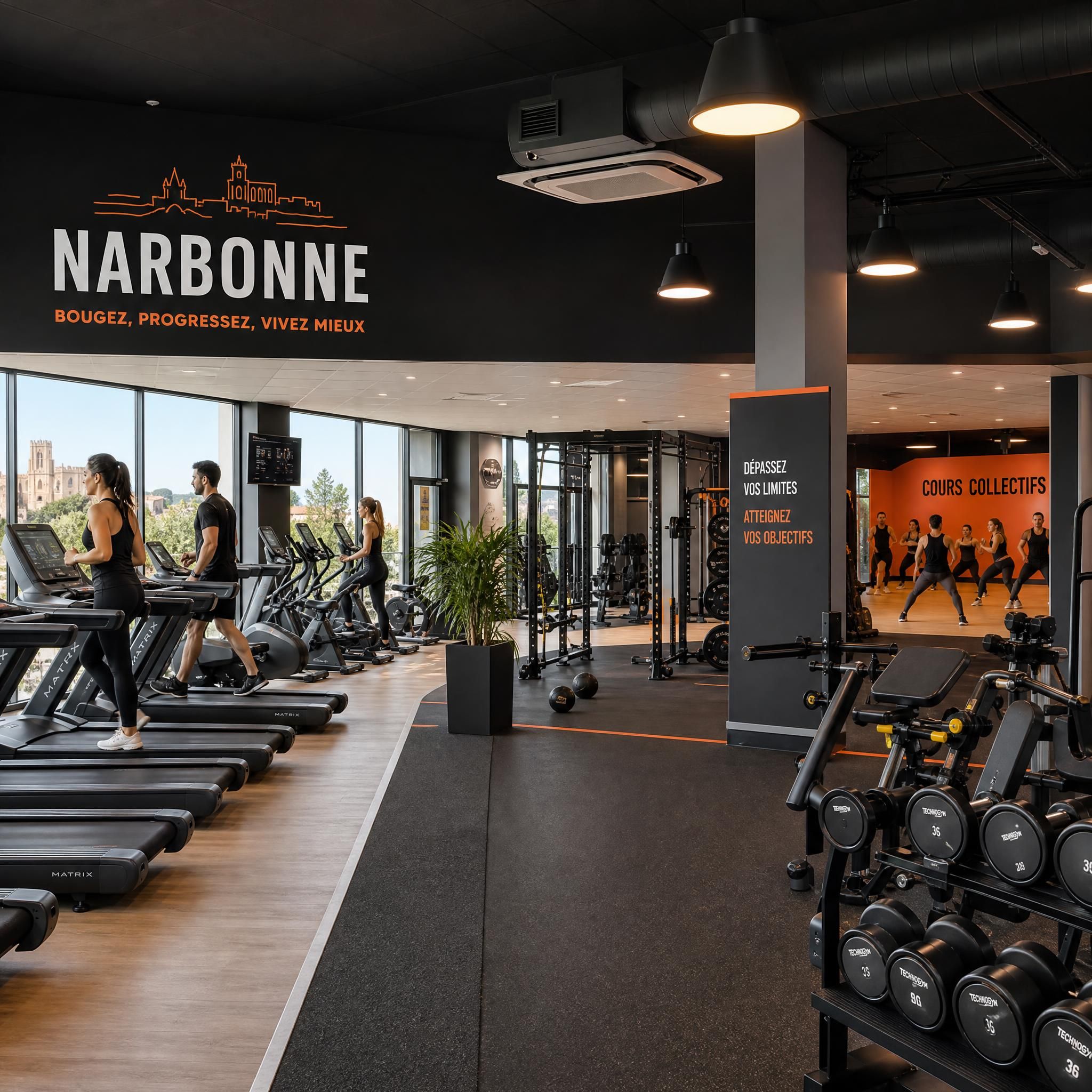 Vue intérieure d'une salle de sport moderne à Narbonne avec machines cardio, espace musculation et cours collectifs