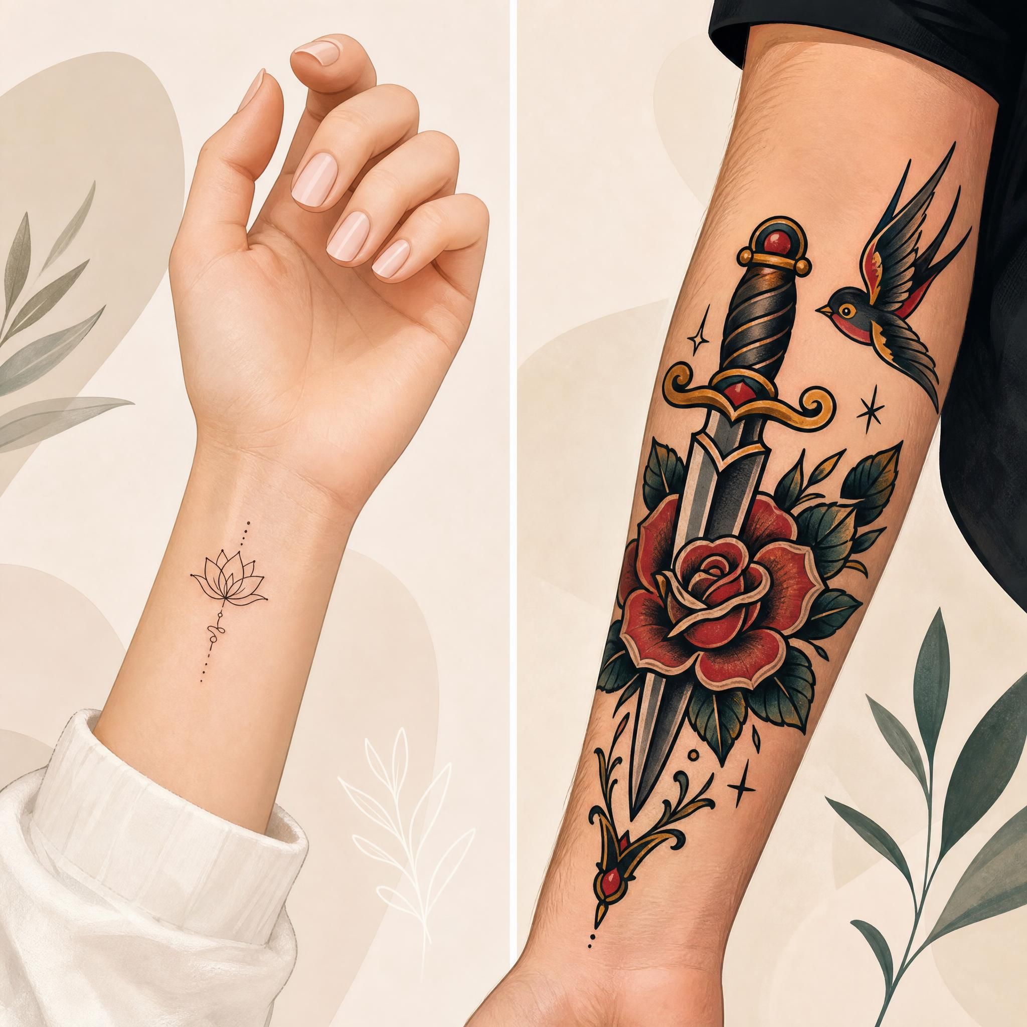 Illustration illustrative montrant un tatouage fine line délicat sur un poignet stylisé à gauche, et un tatouage traditionnel bold sur un avant-bras stylisé à droite, style illustratif sans texte