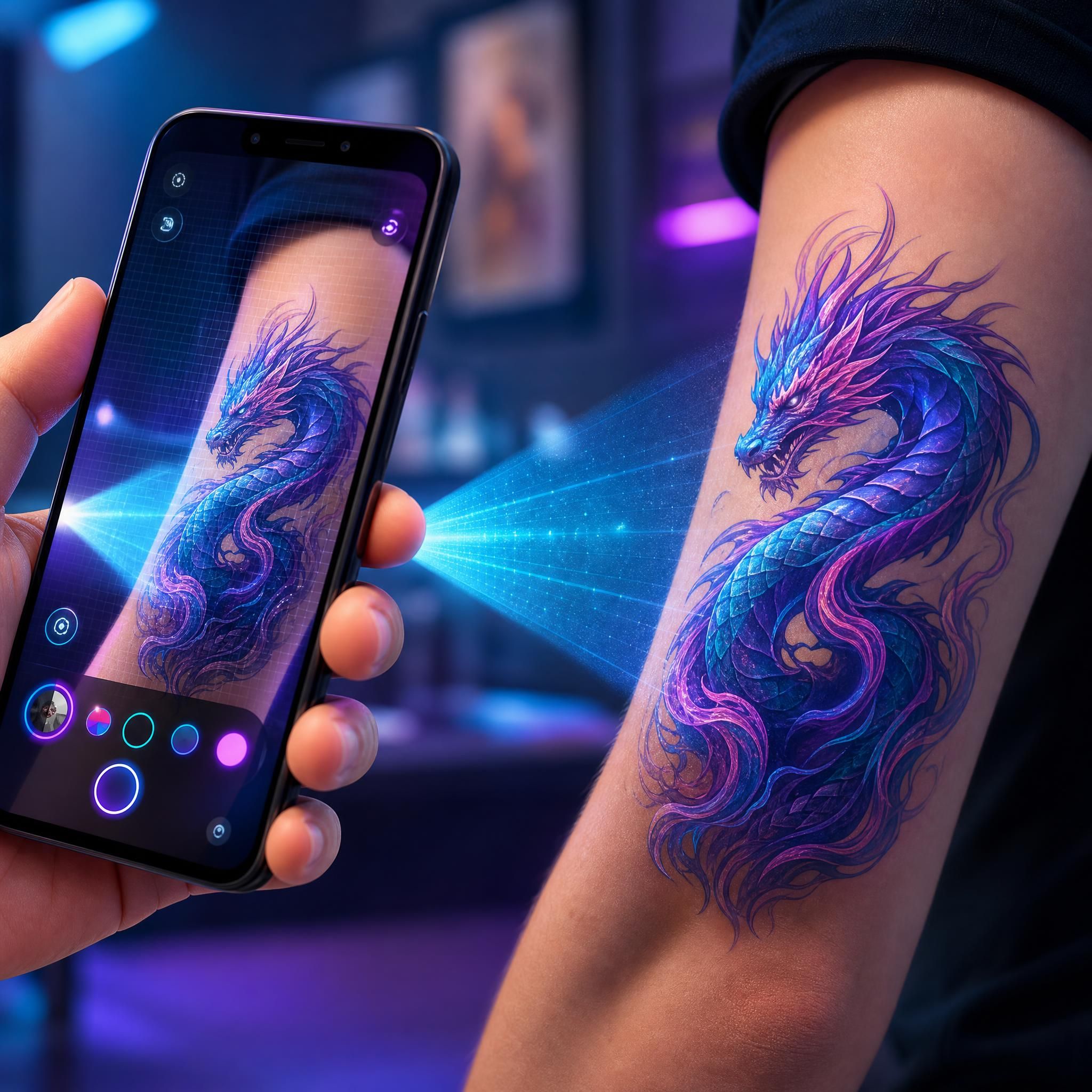 Illustration illustrative d'une main tenant un smartphone qui projette un tatouage en réalité augmentée sur un bras, style futuriste et coloré, sans texte