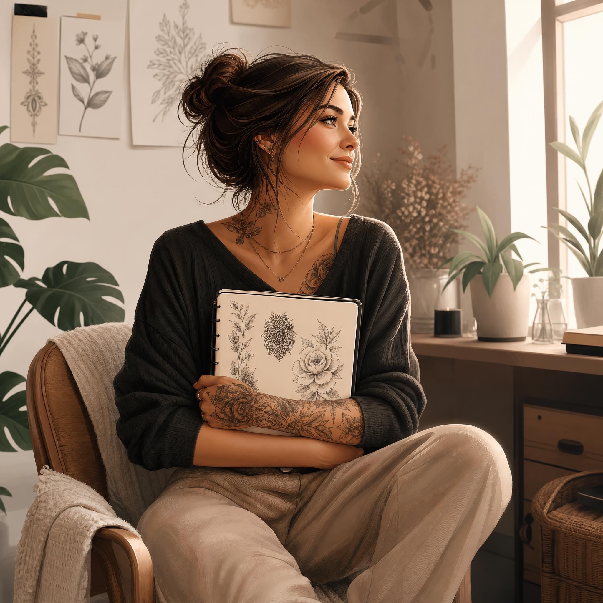 Illustration douce et bienveillante représentant une femme tenant un carnet de projets de tatouage, symbolisant l'attente et la préparation, style illustratif sans texte