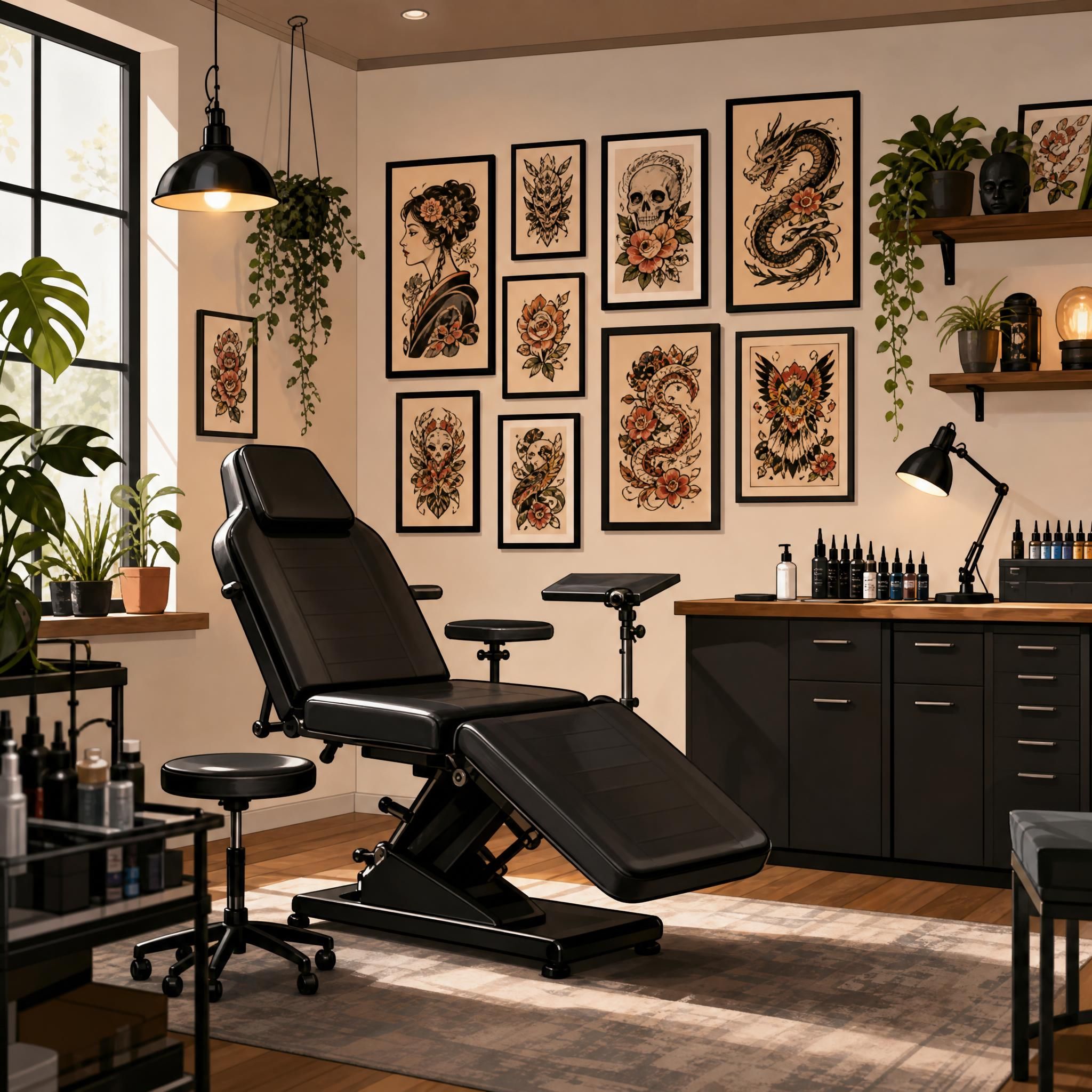 Illustration d'un studio de tatouage propre et accueillant avec des références artistiques au mur, style illustratif sans texte